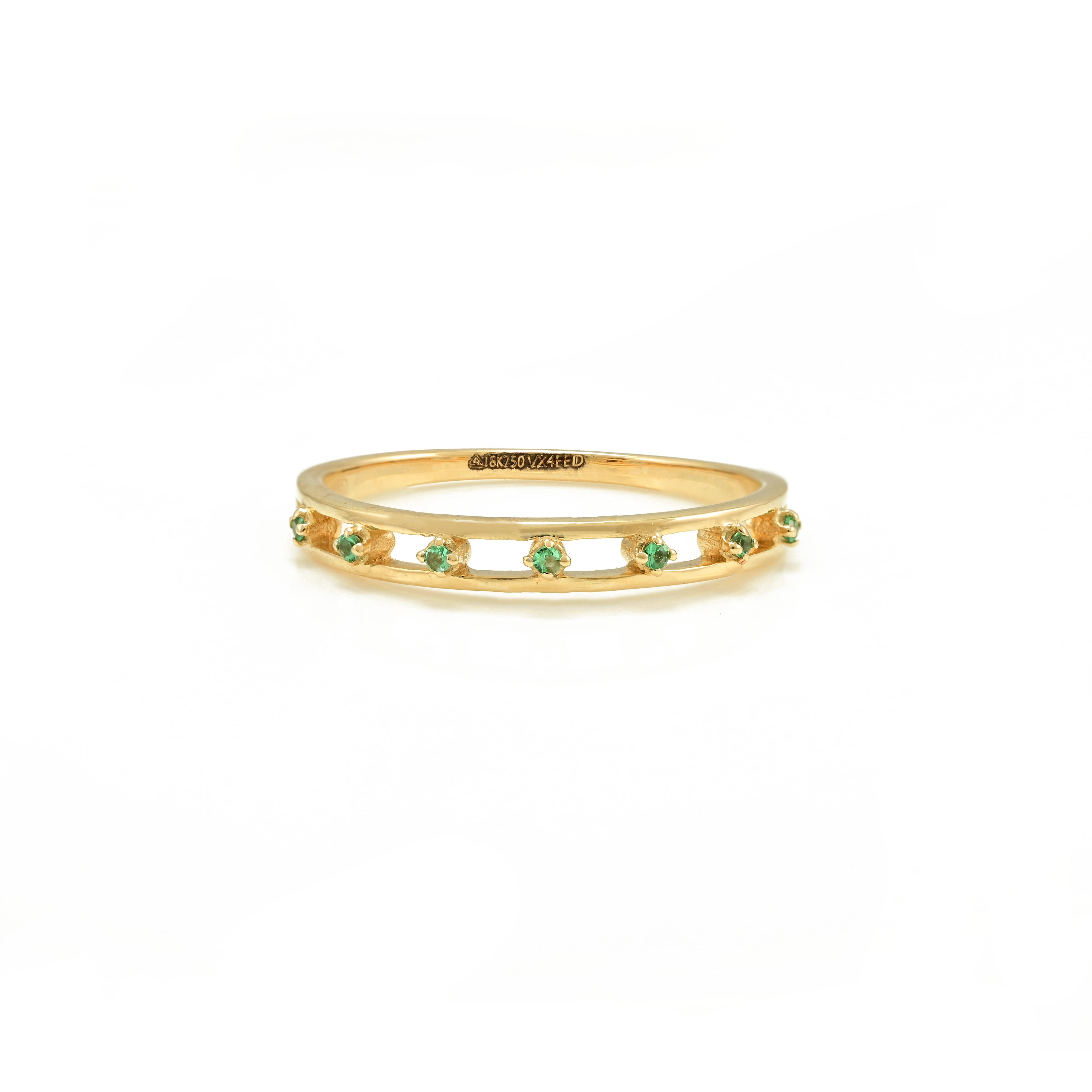 For Sale:  Dainty 1.4 MM Natural Emerald Stackable Band Ring 18k Solid Yellow Gold 6