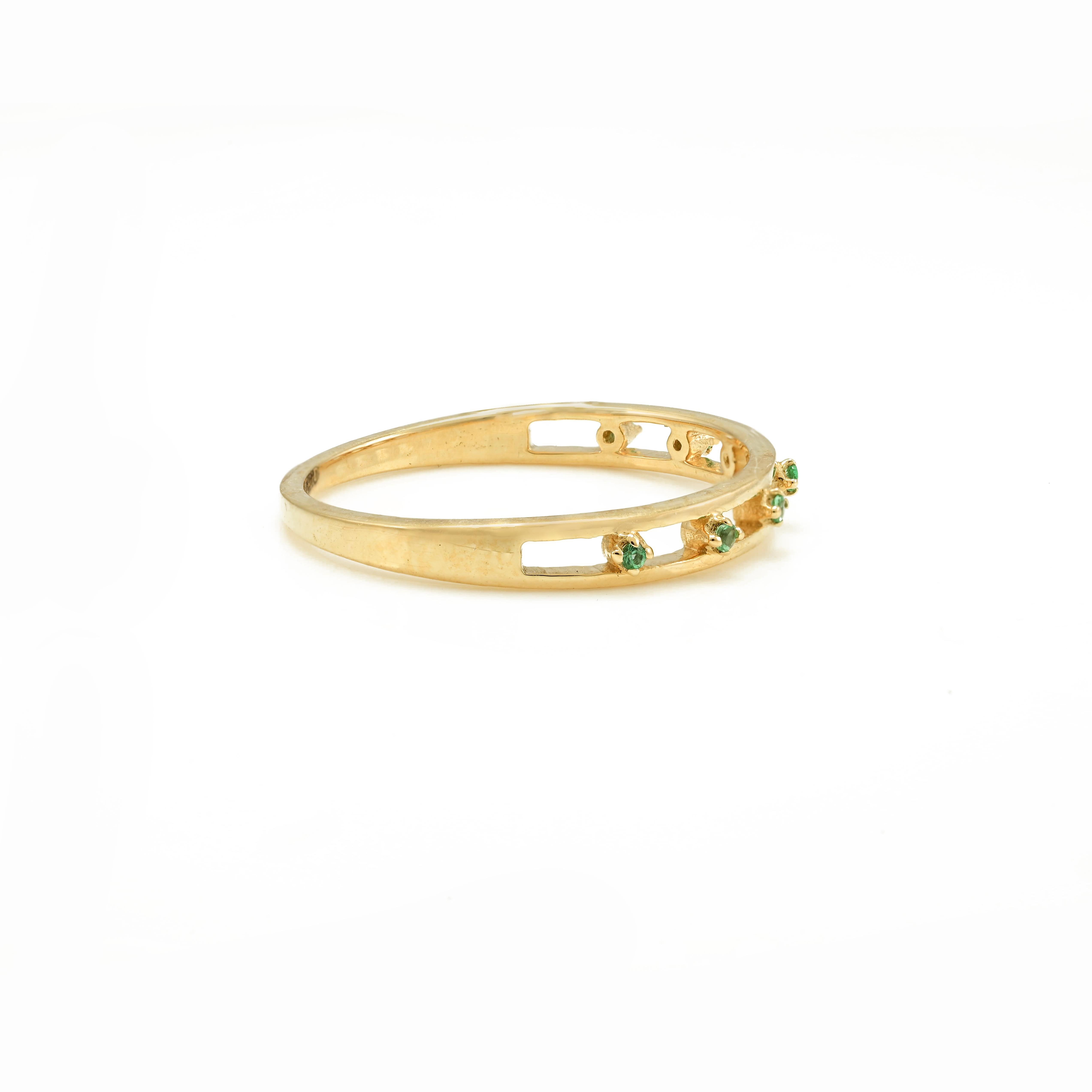 For Sale:  Dainty 1.4 MM Natural Emerald Stackable Band Ring 18k Solid Yellow Gold 7
