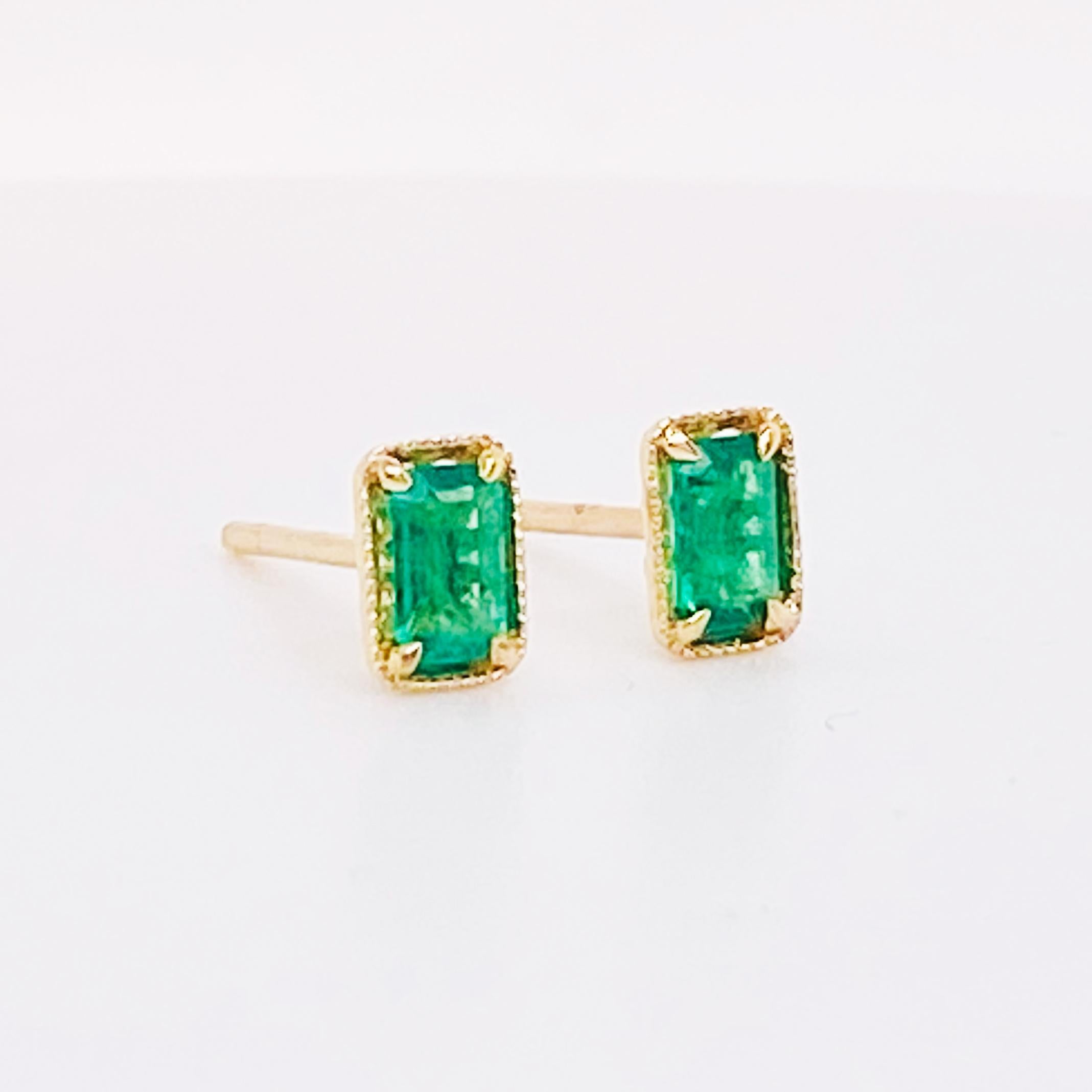 Artisan Minimalist Emerald Stud Earrings 14K Gold Genuine Green Emeralds Post Earrings For Sale