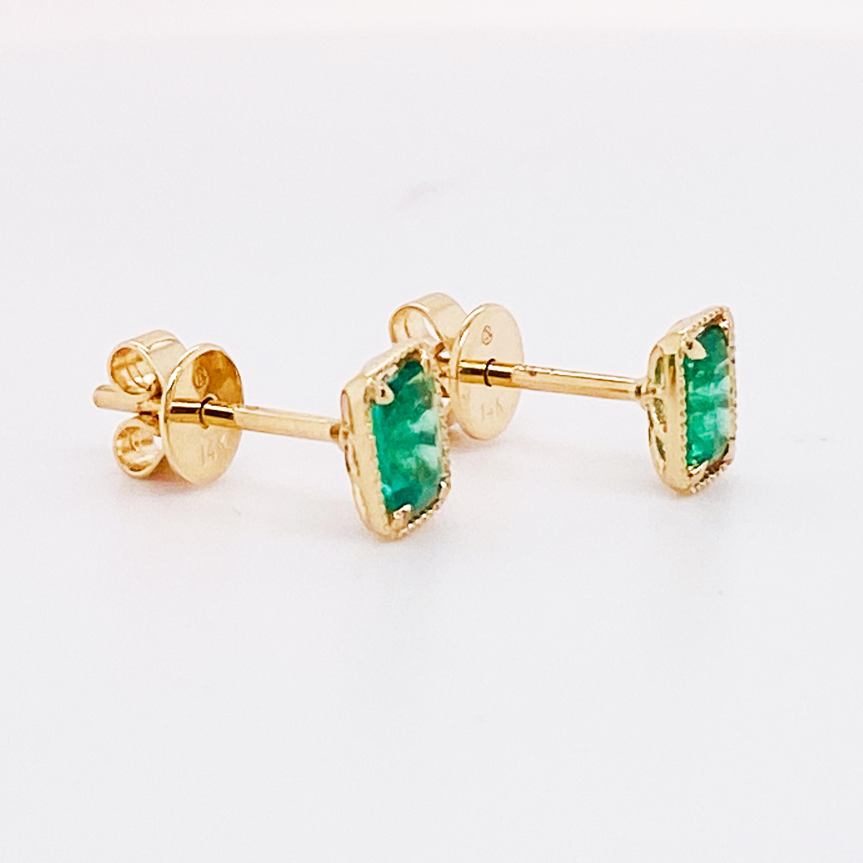 Emerald Cut Minimalist Emerald Stud Earrings 14K Gold Genuine Green Emeralds Post Earrings For Sale
