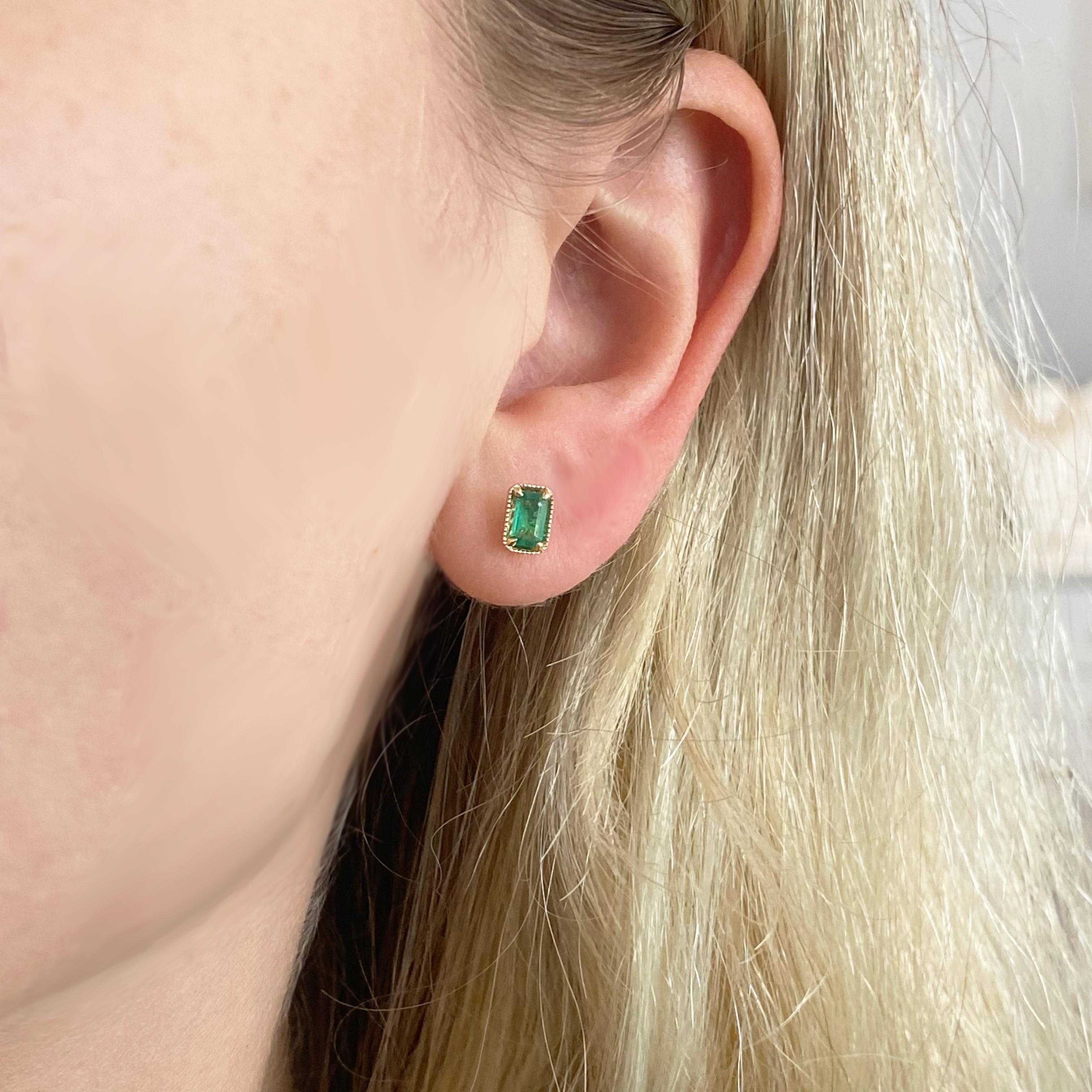 Women's or Men's Minimalist Emerald Stud Earrings 14K Gold Genuine Green Emeralds Post Earrings For Sale