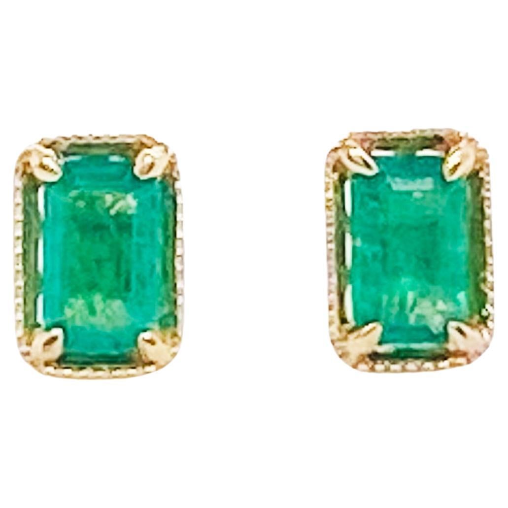 Minimalist Emerald Stud Earrings 14K Gold Genuine Green Emeralds Post Earrings For Sale