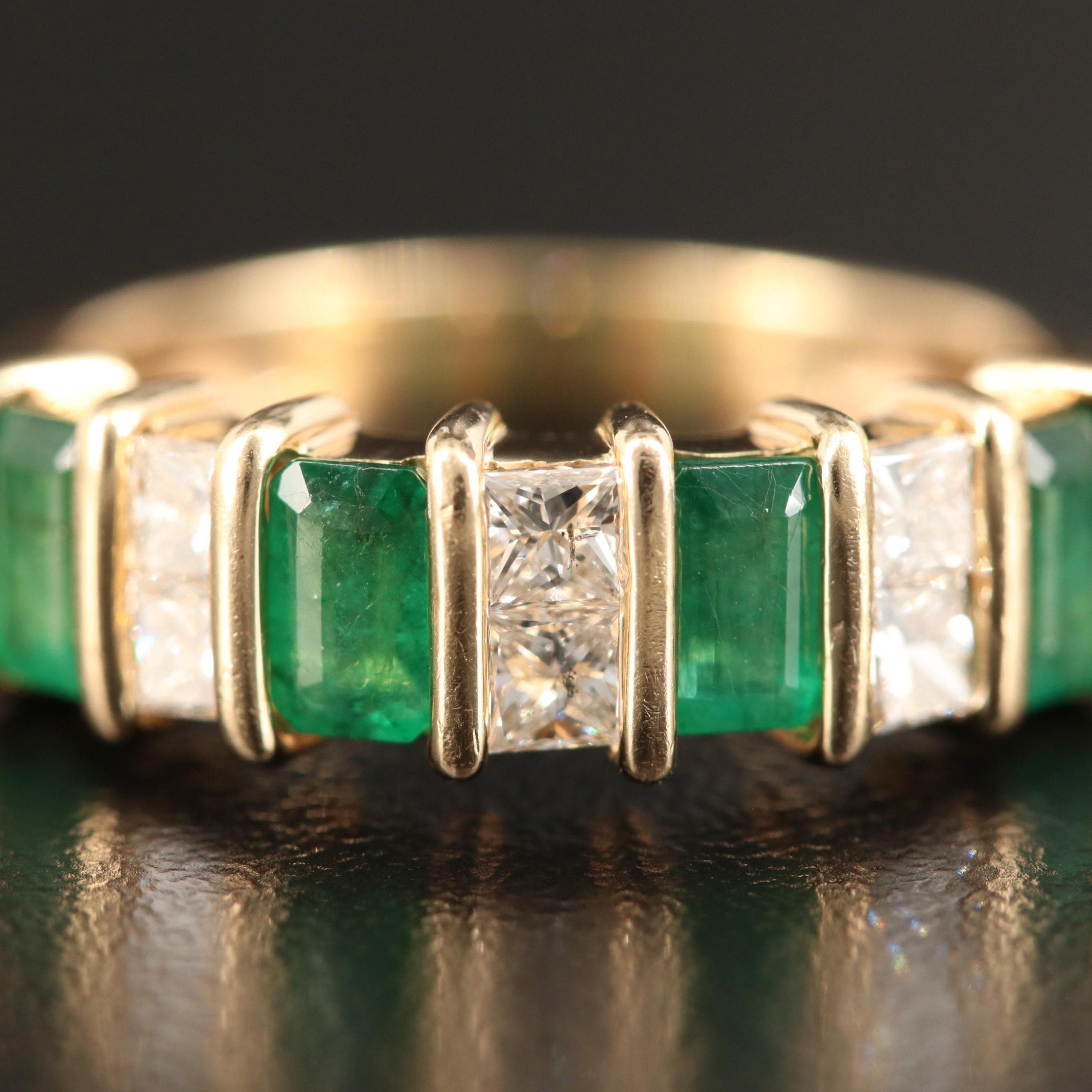 For Sale:  Minimalist Emerald Wedding Band Half Eternity Emerald Diamond Engagement Band 2