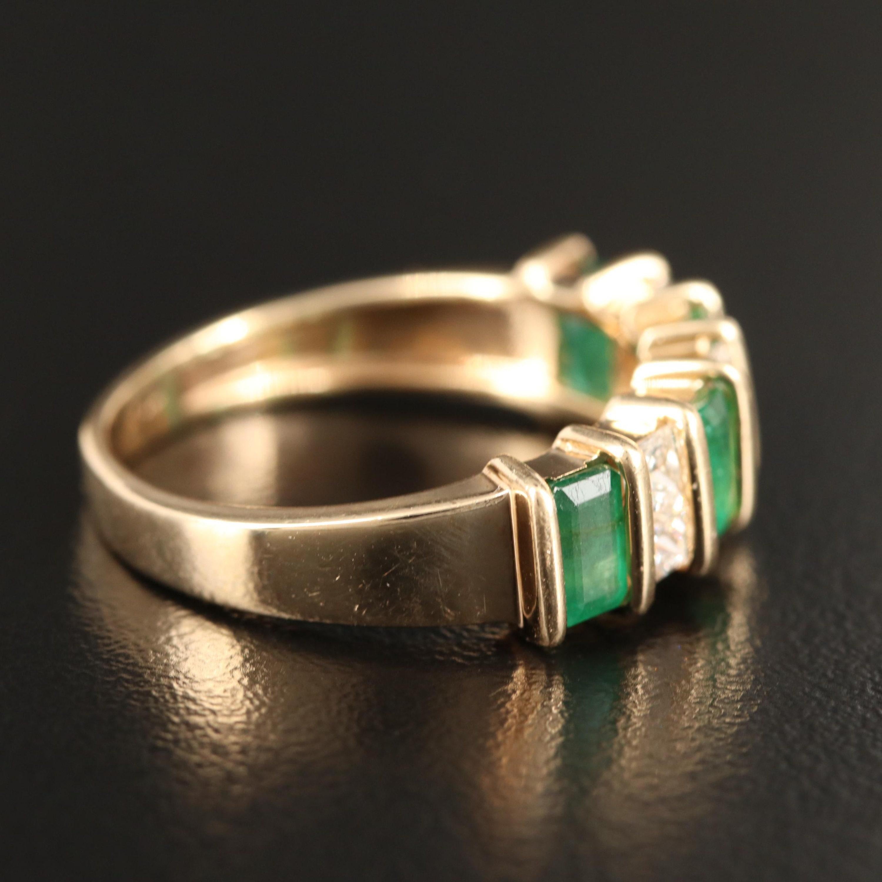 For Sale:  Minimalist Emerald Wedding Band Half Eternity Emerald Diamond Engagement Band 3