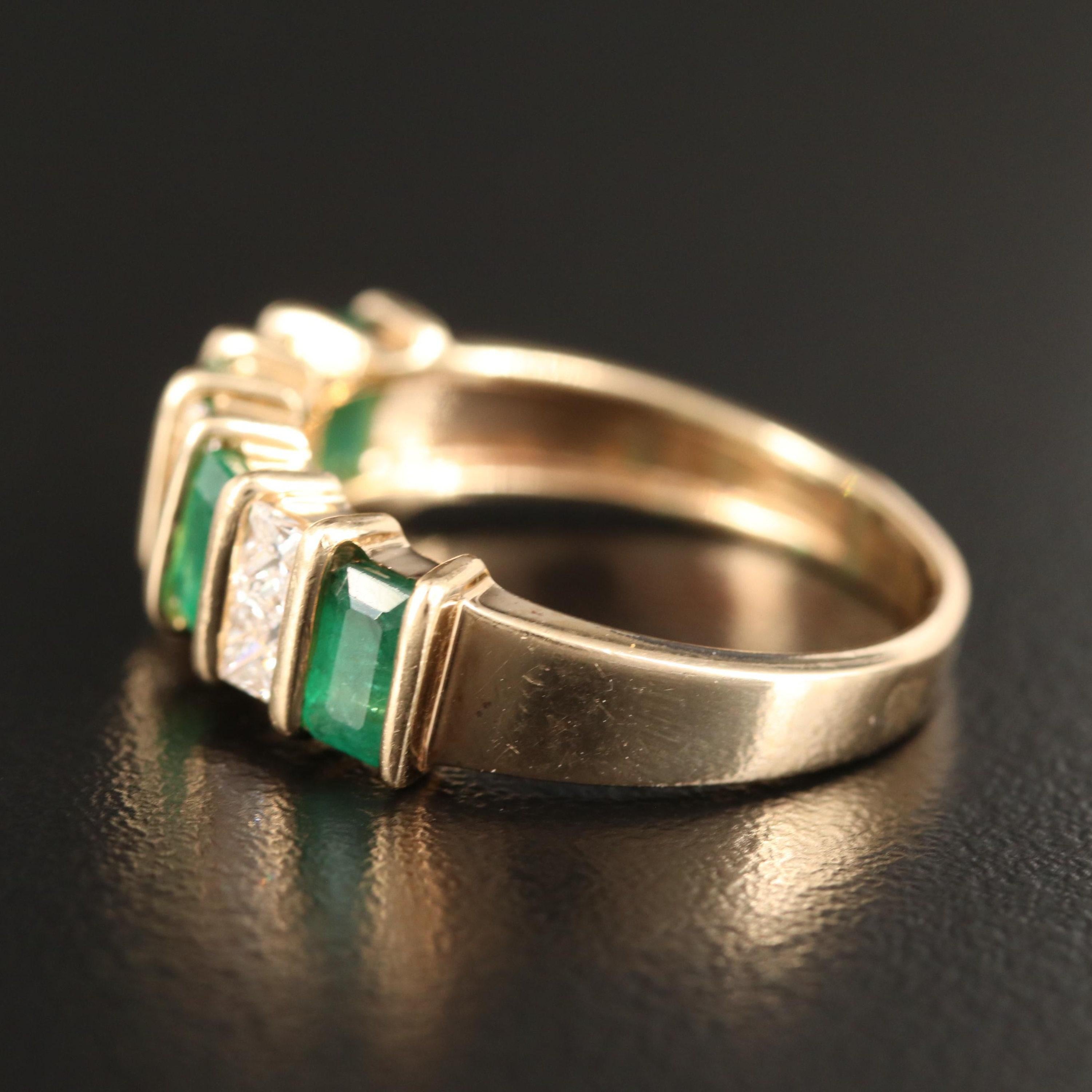 For Sale:  Minimalist Emerald Wedding Band Half Eternity Emerald Diamond Engagement Band 5