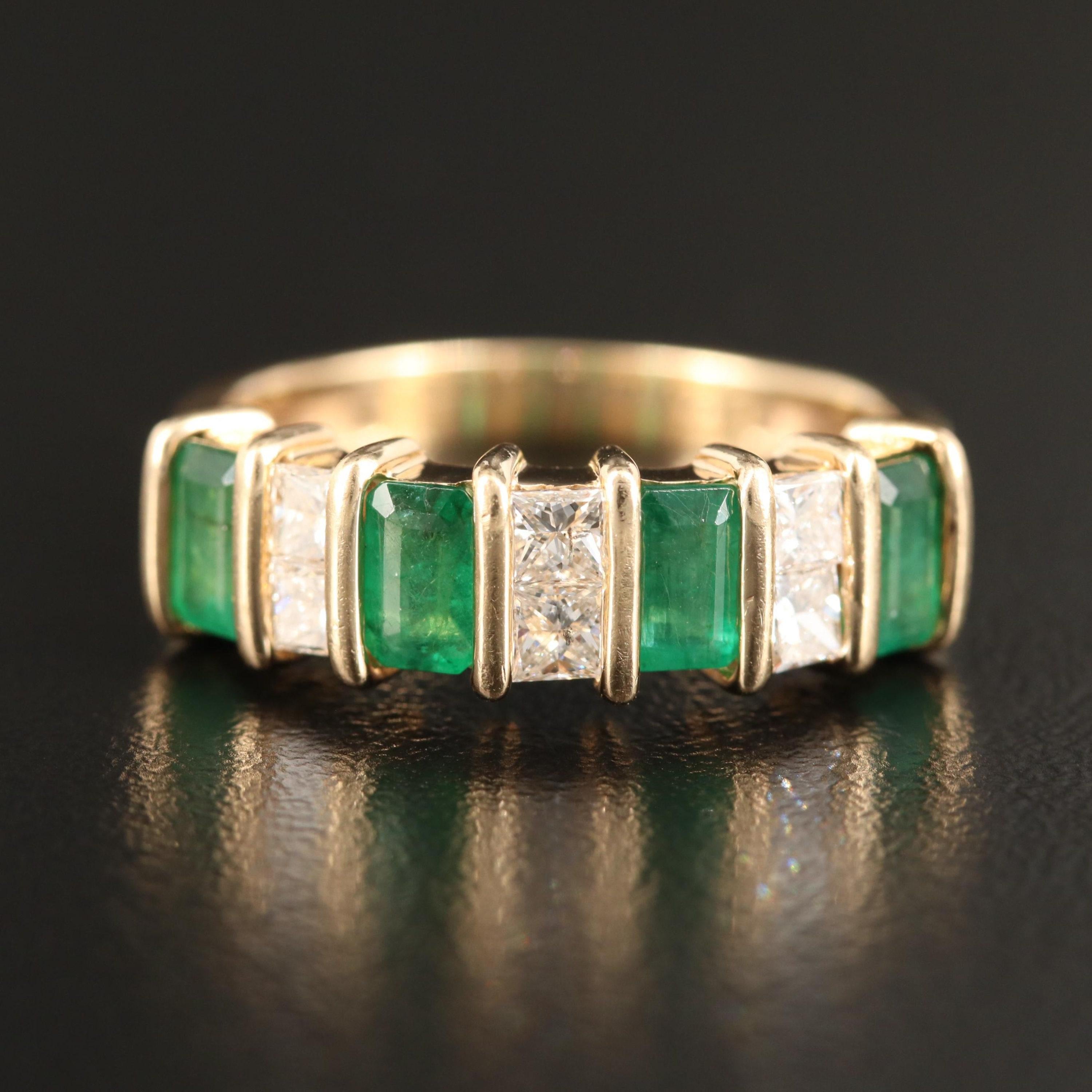 For Sale:  Minimalist Emerald Wedding Band Half Eternity Emerald Diamond Engagement Band 6