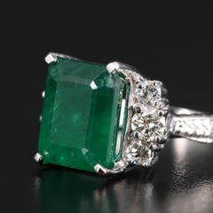 Art Deco 5 CT Certified Natural Emerald and Diamond Engagement Ring in 18K Gold
