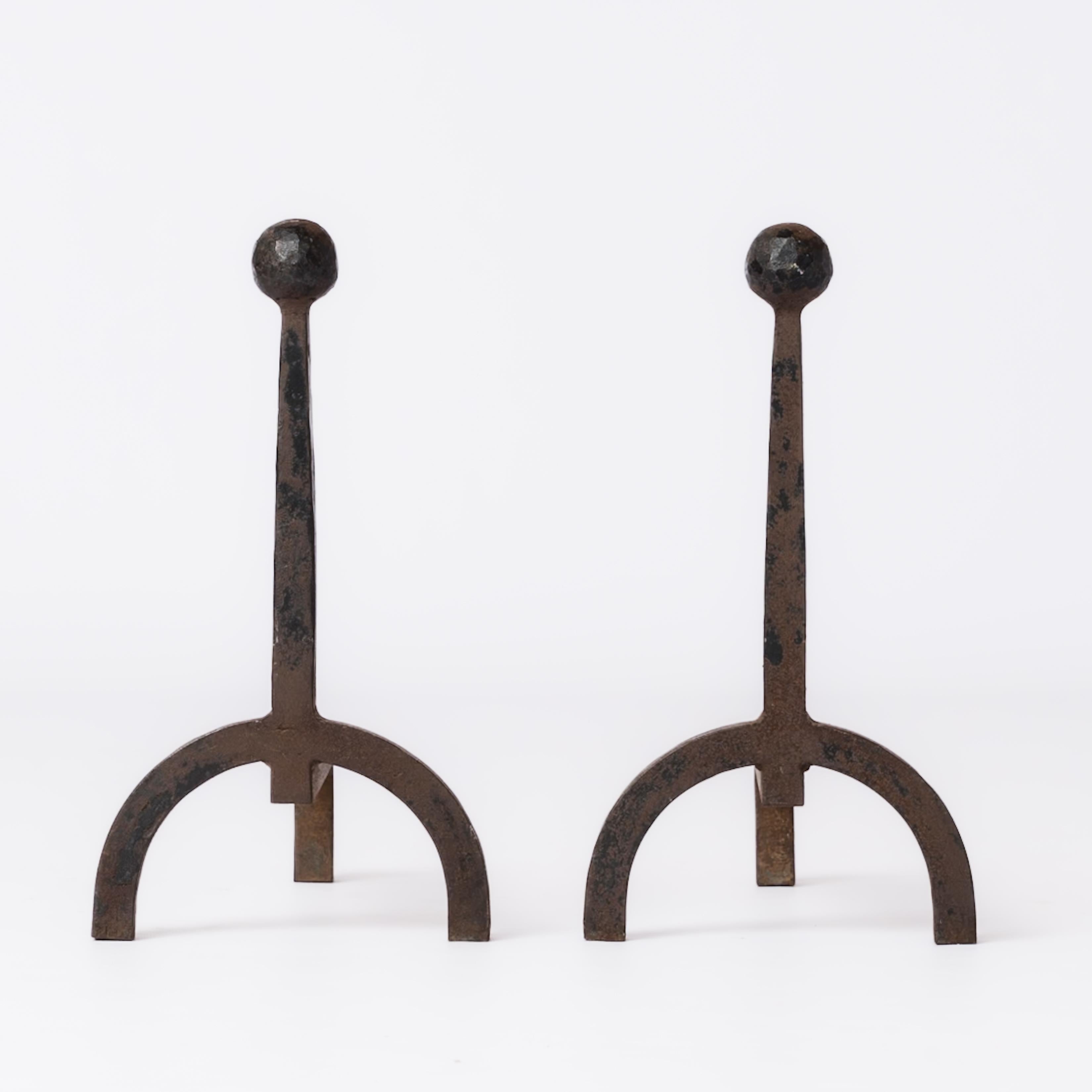 Pair of graphic minimalist wrought irons andirons with 