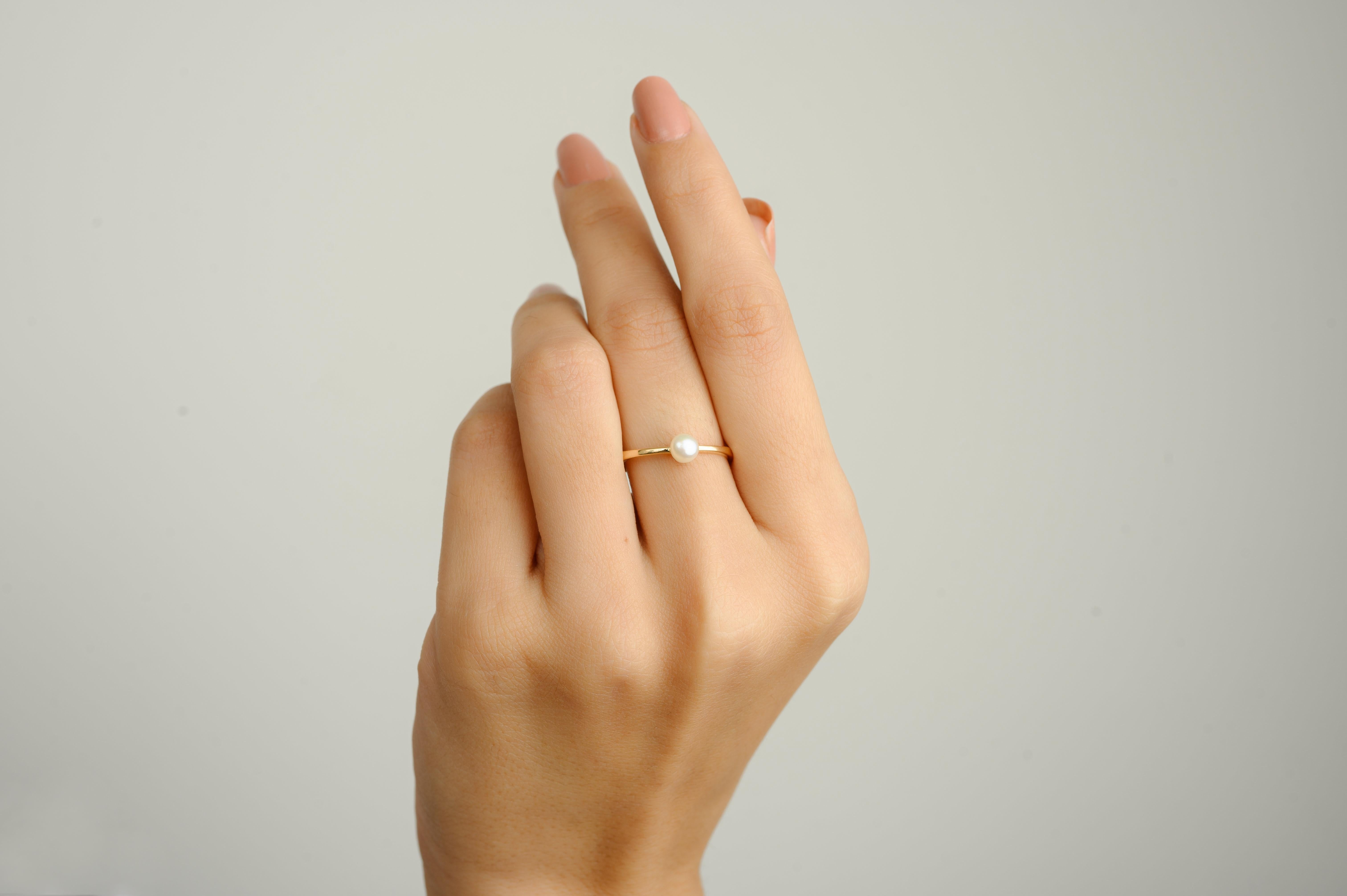 For Sale:  Minimalist Fine Pearl Solitaire 18k Solid Yellow Gold Ring for Her 7