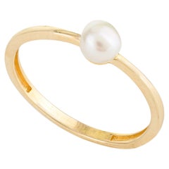 Minimalist Fine Pearl Solitaire 18k Solid Yellow Gold Ring for Her