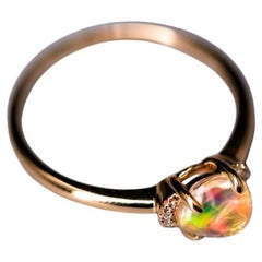 Minimalist Fire Opal & Diamond Engagement Wedding Ring 18k Yellow Gold
