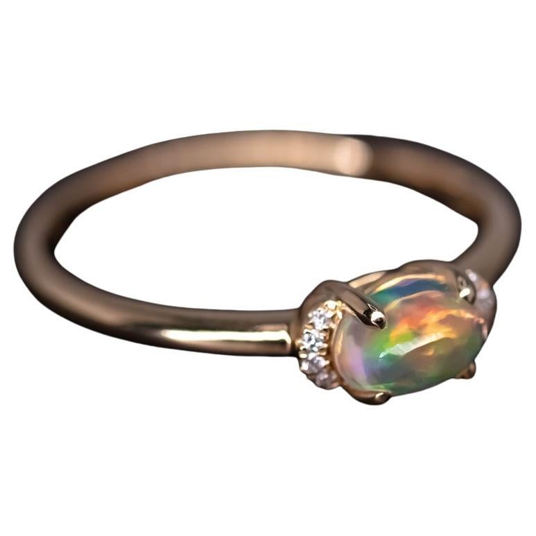 Minimalist Fire Opal & Diamond Engagement Wedding Ring 18k Yellow Gold