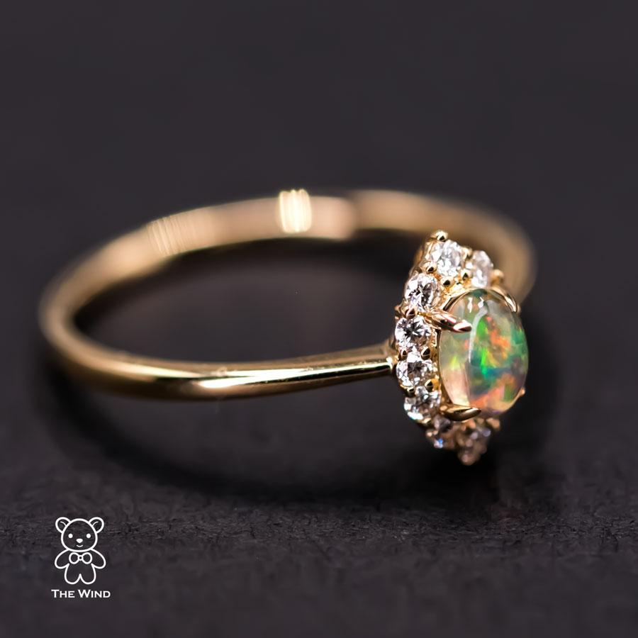 Minimalist Fire Opal Marquise Shaped Halo Diamond Engagement Ring For Sale 2
