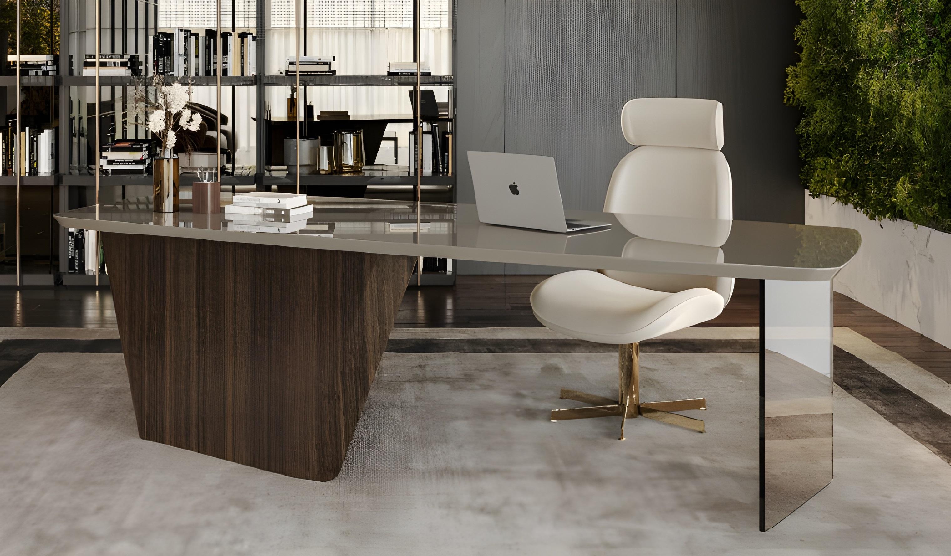 Minimalist Floating Lacquer Desk with Integrated Glass Panel-Mondo Design Studio For Sale 5