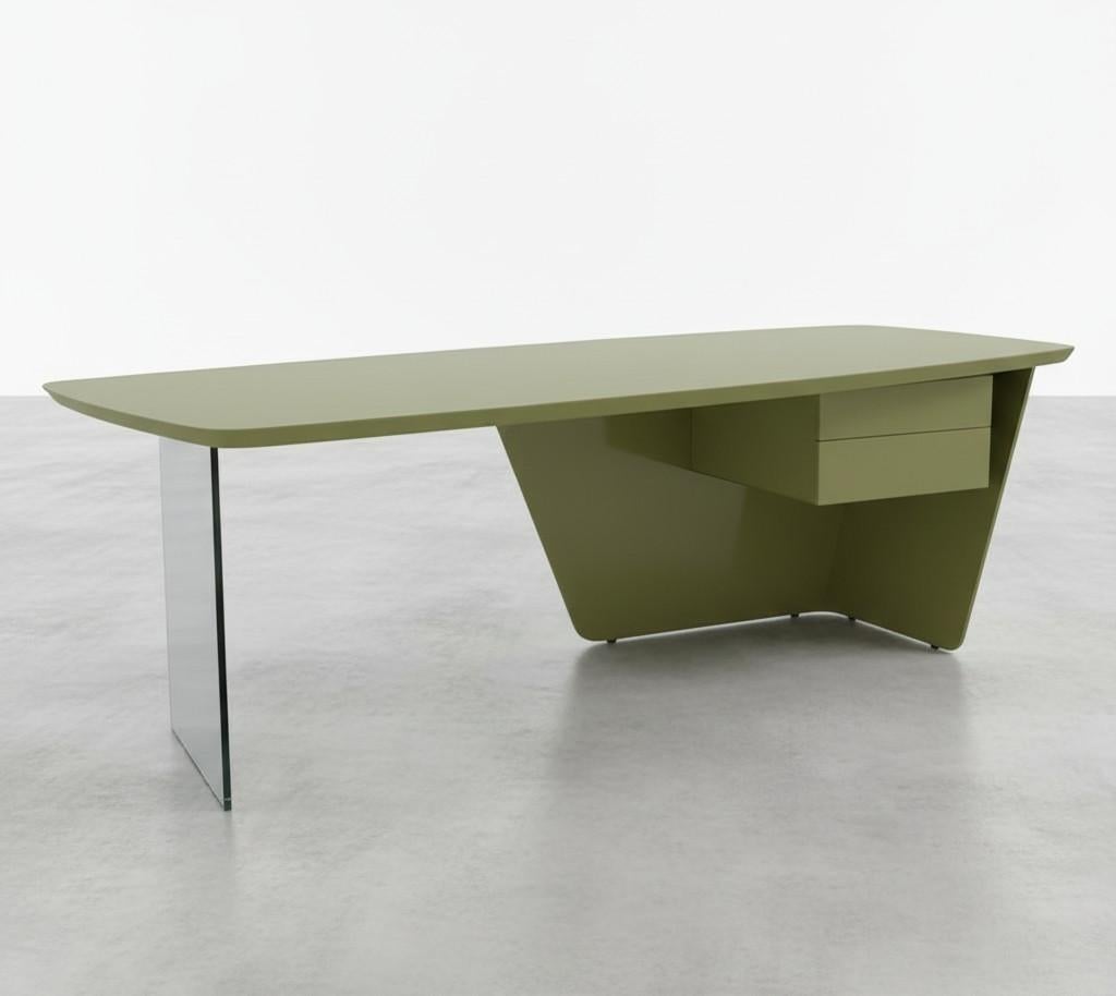 This sleek, two-drawer desk is a masterpiece of contemporary design, distinguished by its bold and harmonious juxtaposition of contrasting materials. The design is intentionally asymmetrical, producing a dramatic silhouette that demands attention
