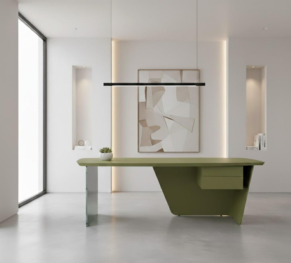 Portuguese Minimalist Floating Lacquer Desk with Integrated Glass Panel-Mondo Design Studio For Sale
