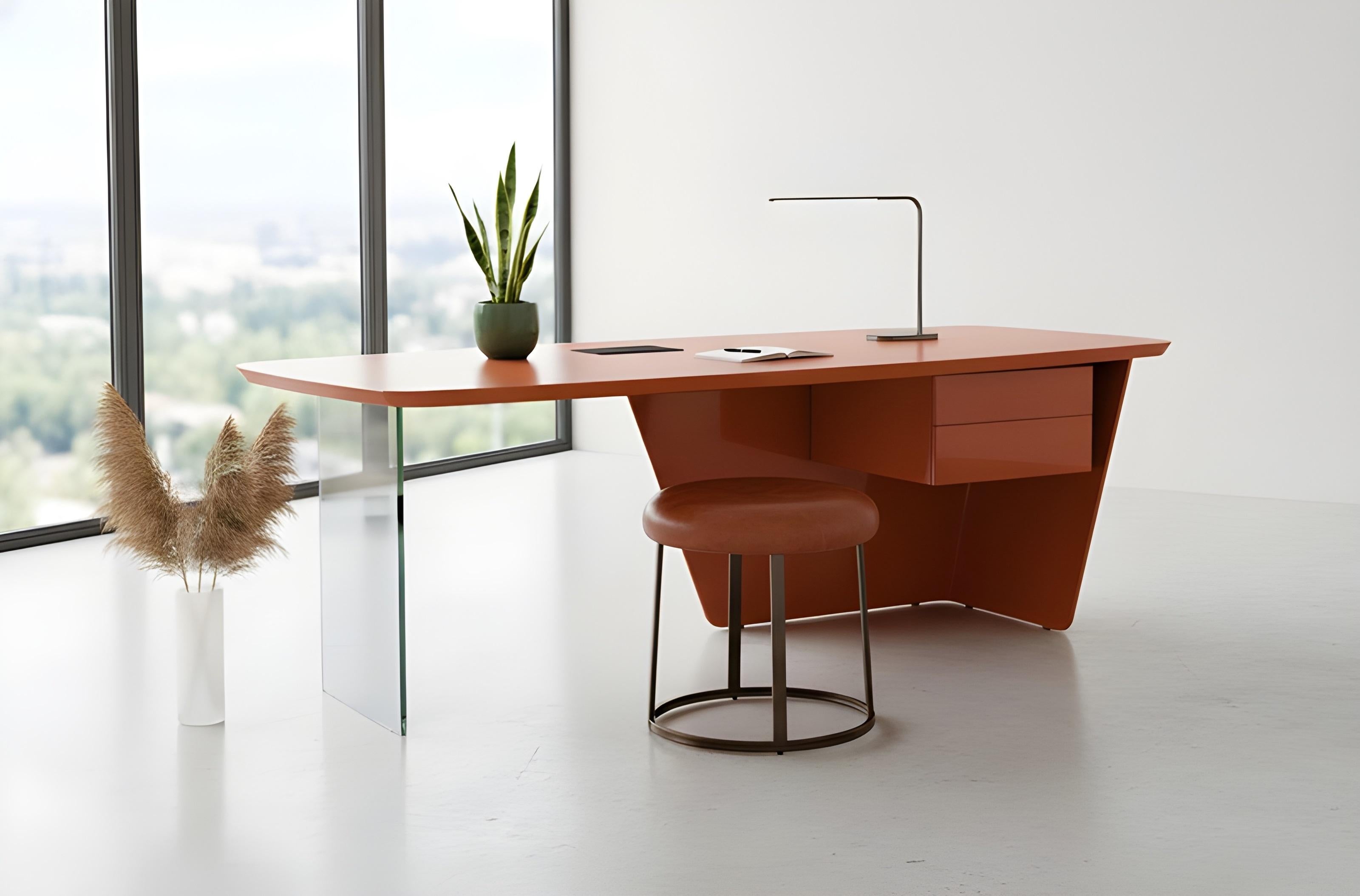 Contemporary Minimalist Floating Lacquer Desk with Integrated Glass Panel-Mondo Design Studio For Sale