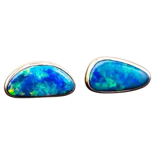Minimalist Free Shaped Australian Doublet Opal Stud Earrings 18K Yellow Gold
