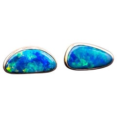 Minimalist Free Shaped Australian Doublet Opal Stud Earrings 18K Yellow Gold