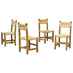 Minimalist French Rustic Chairs in Straw and Beech, 1960s, Set of Four