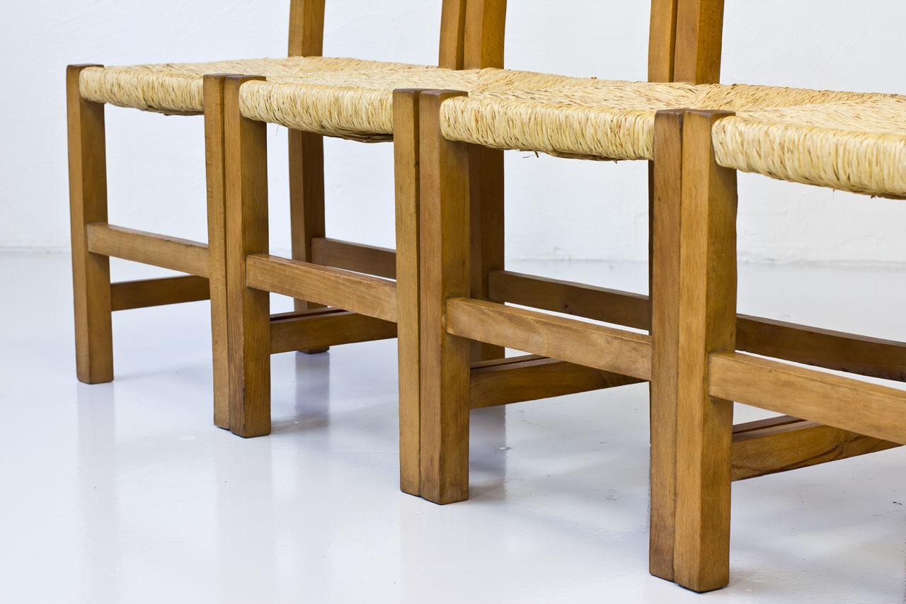 Minimalist French Rustic Chairs in Straw & Beech, 1960s, Set of Four 5