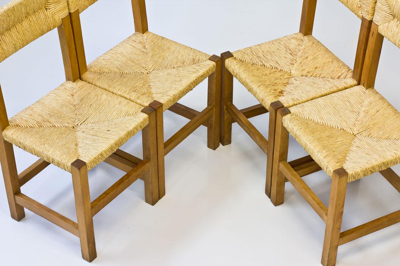 Minimalist French Rustic Chairs in Straw & Beech, 1960s, Set of Four 6