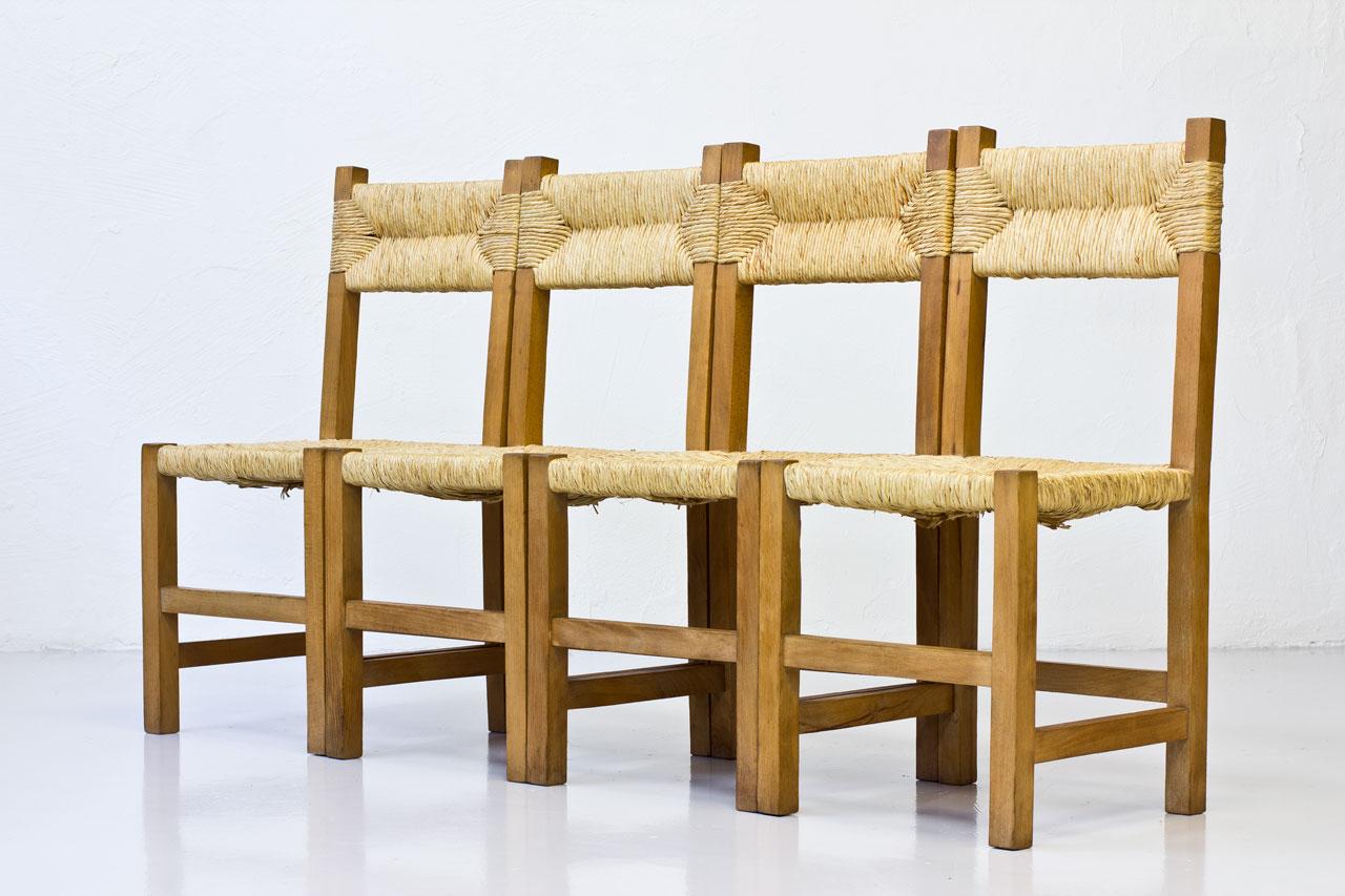 French Provincial Minimalist French Rustic Chairs in Straw & Beech, 1960s, Set of Four