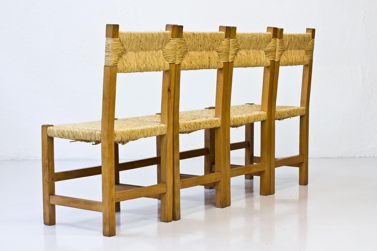 Minimalist French Rustic Chairs in Straw & Beech, 1960s, Set of Four In Good Condition In Stockholm, SE