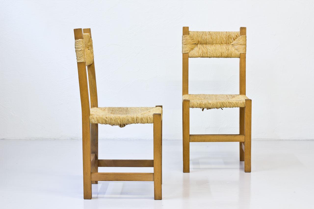 Mid-20th Century Minimalist French Rustic Chairs in Straw & Beech, 1960s, Set of Four