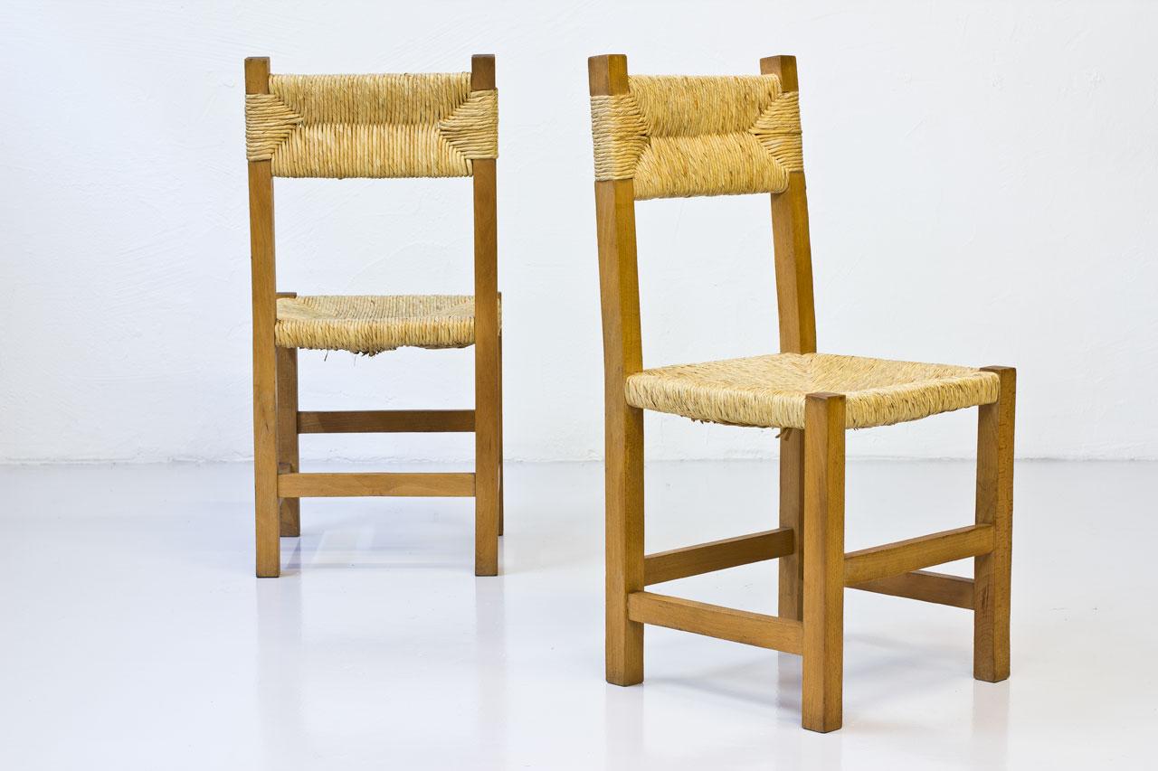Minimalist French Rustic Chairs in Straw & Beech, 1960s, Set of Four 1
