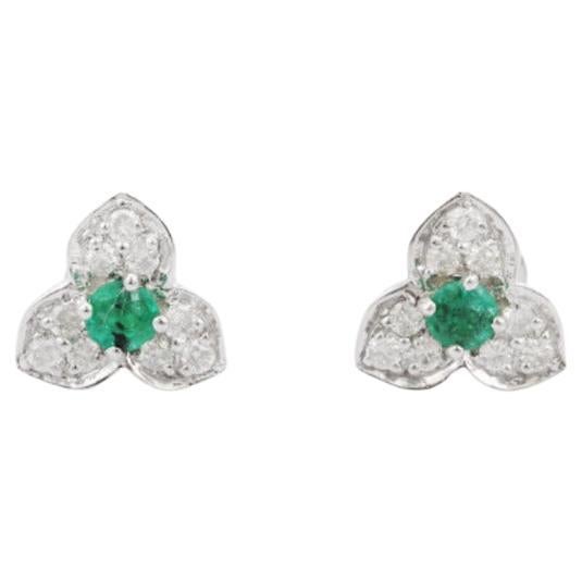 Minimalist Genuine Emerald Diamond Flower Stud Earrings in Sterling Silver For Sale