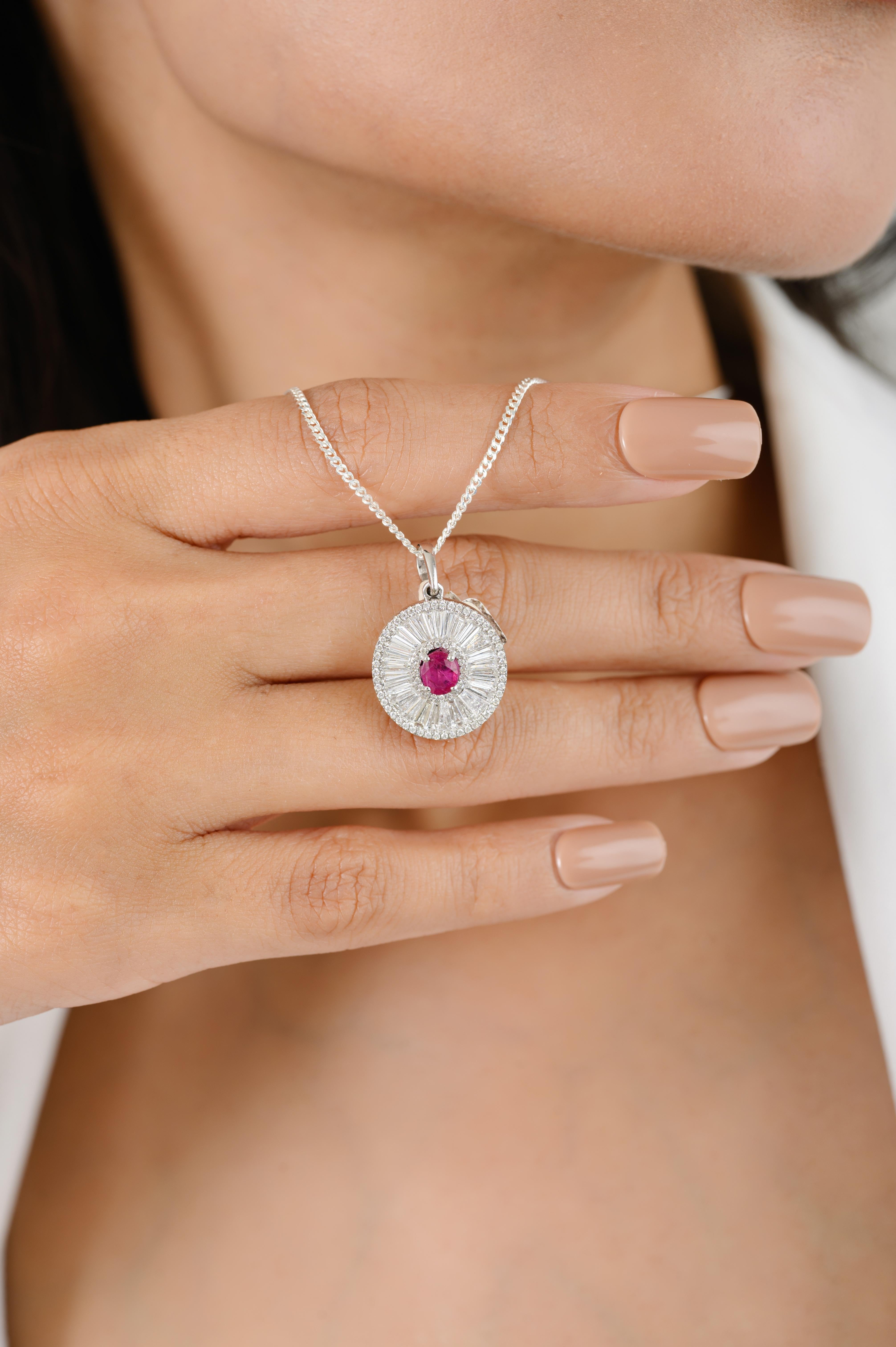 Ciondolo aureola con diamante e rubino autentico minimalista in oro bianco 18 carati in vendita 4