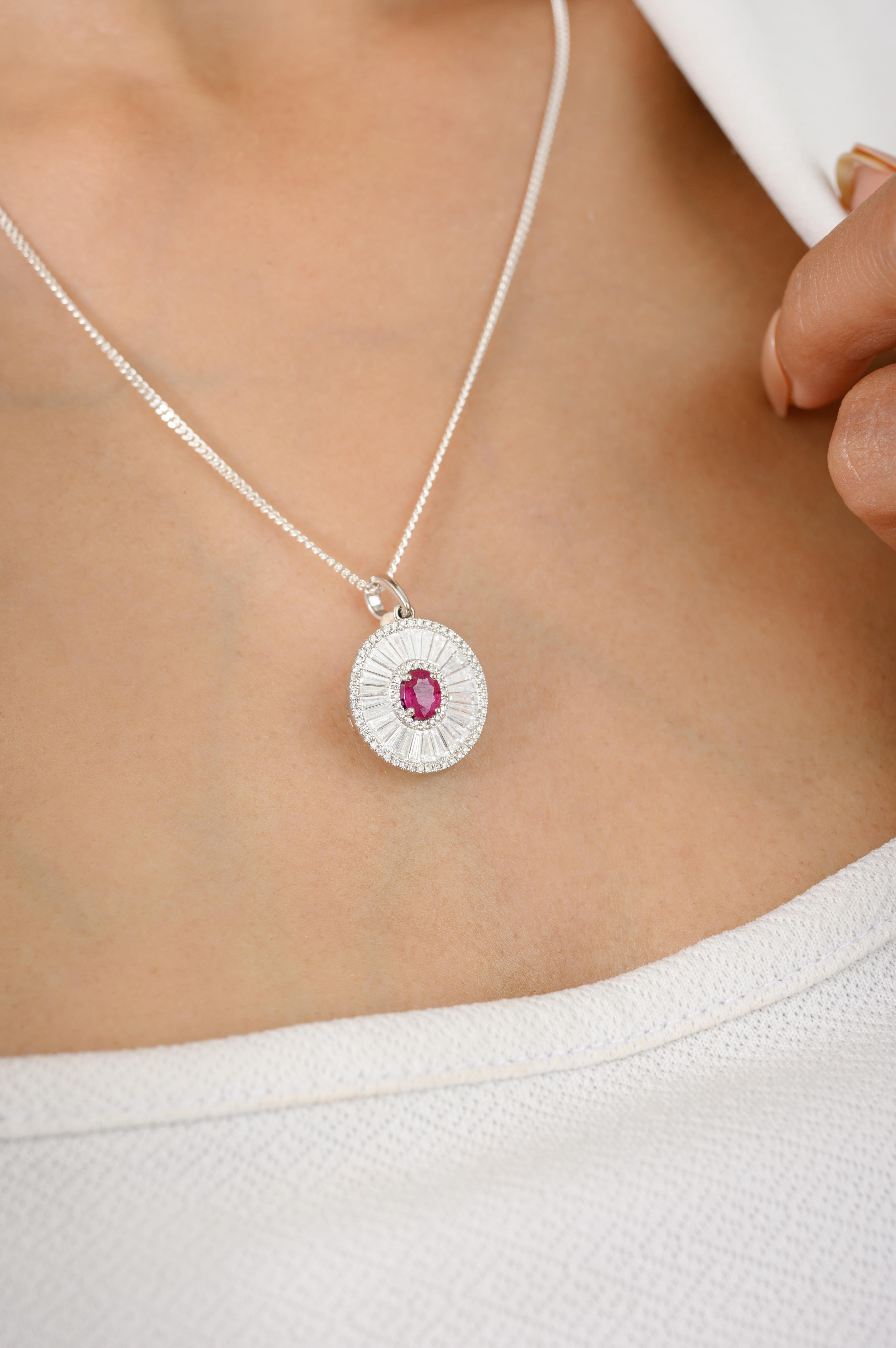 Ciondolo aureola con diamante e rubino autentico minimalista in oro bianco 18 carati in vendita 2