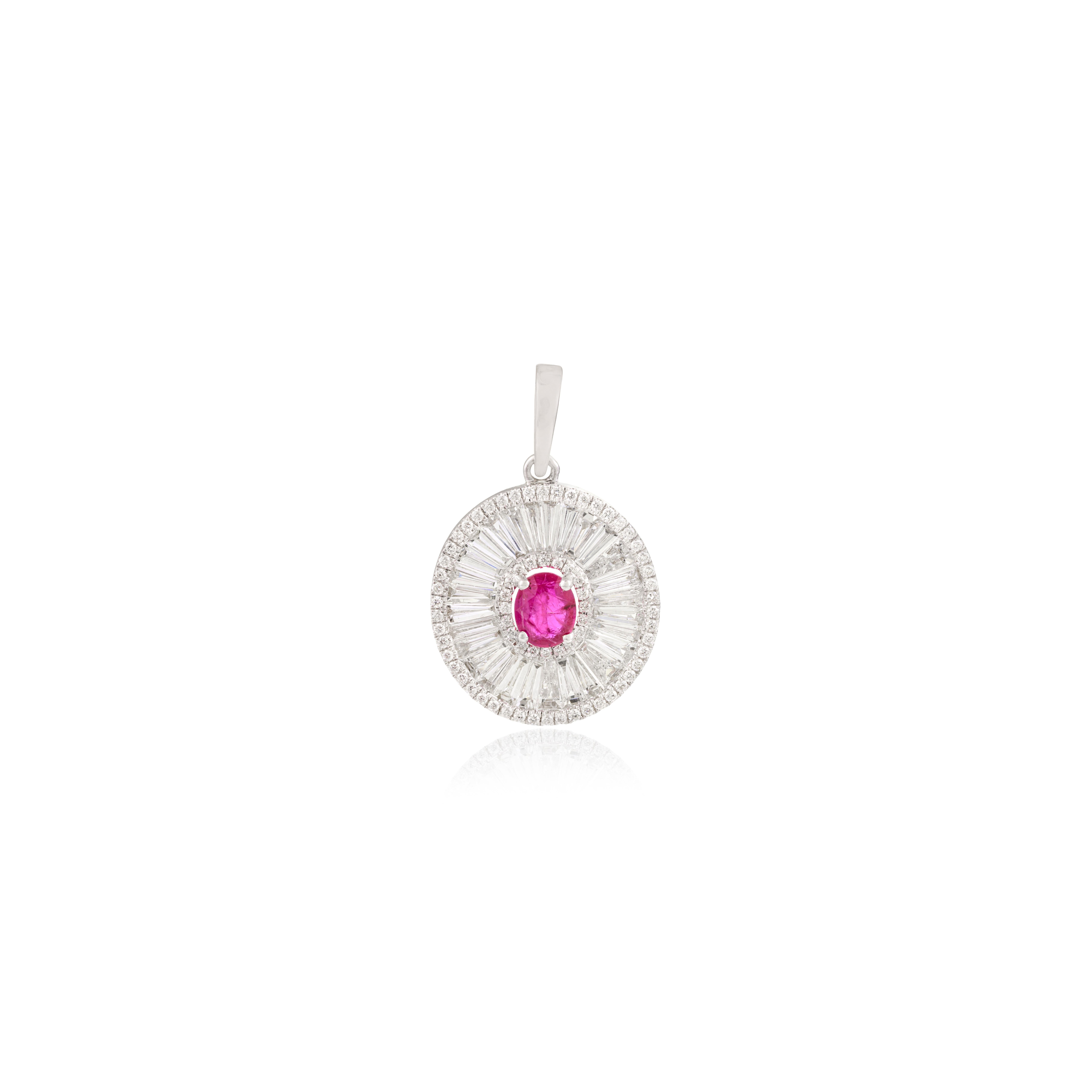 Ciondolo aureola con diamante e rubino autentico minimalista in oro bianco 18 carati in vendita 3