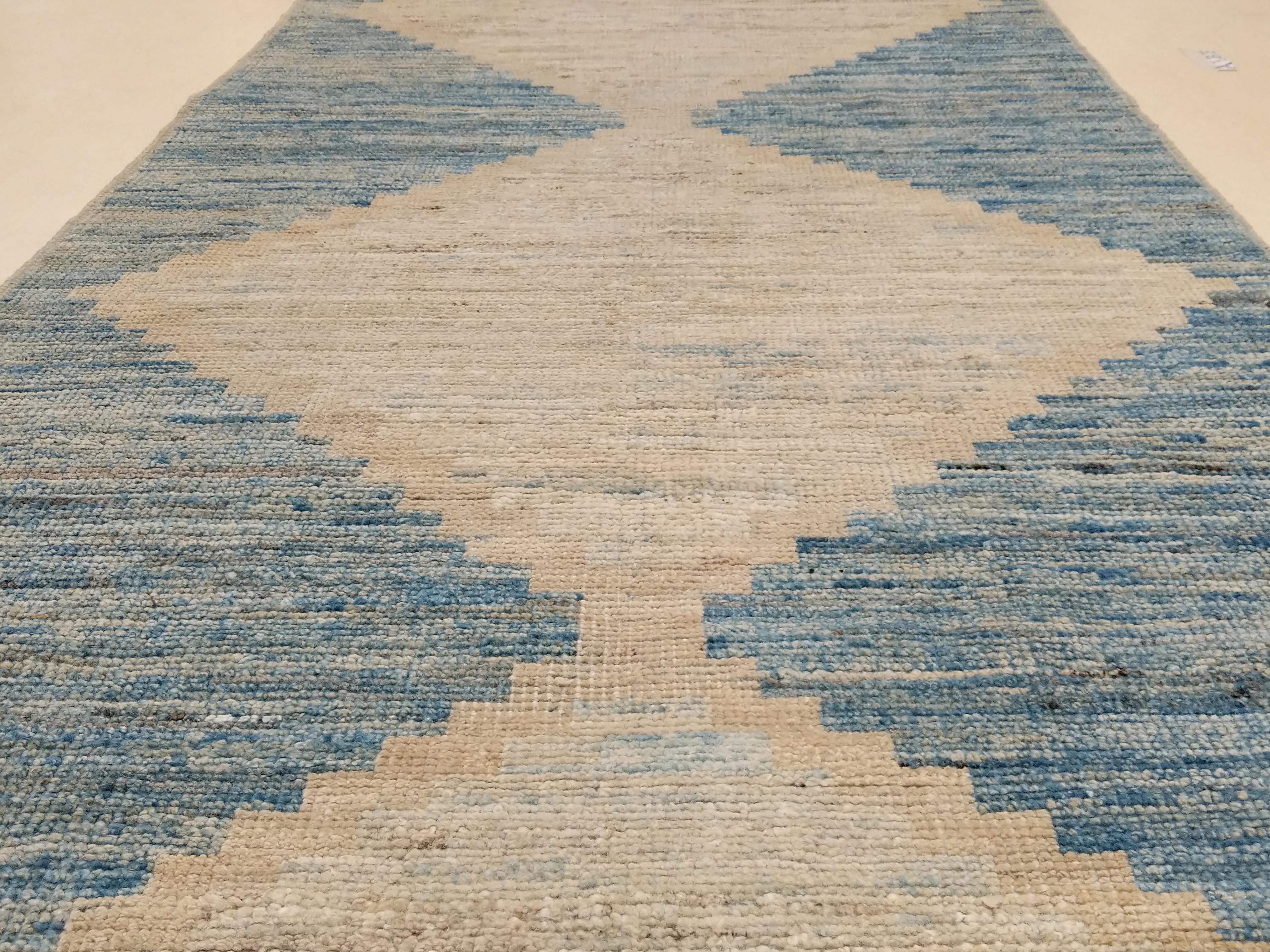 Hand-Knotted Minimalist Geometric Design Ivory and Sky Blue Runner Rug