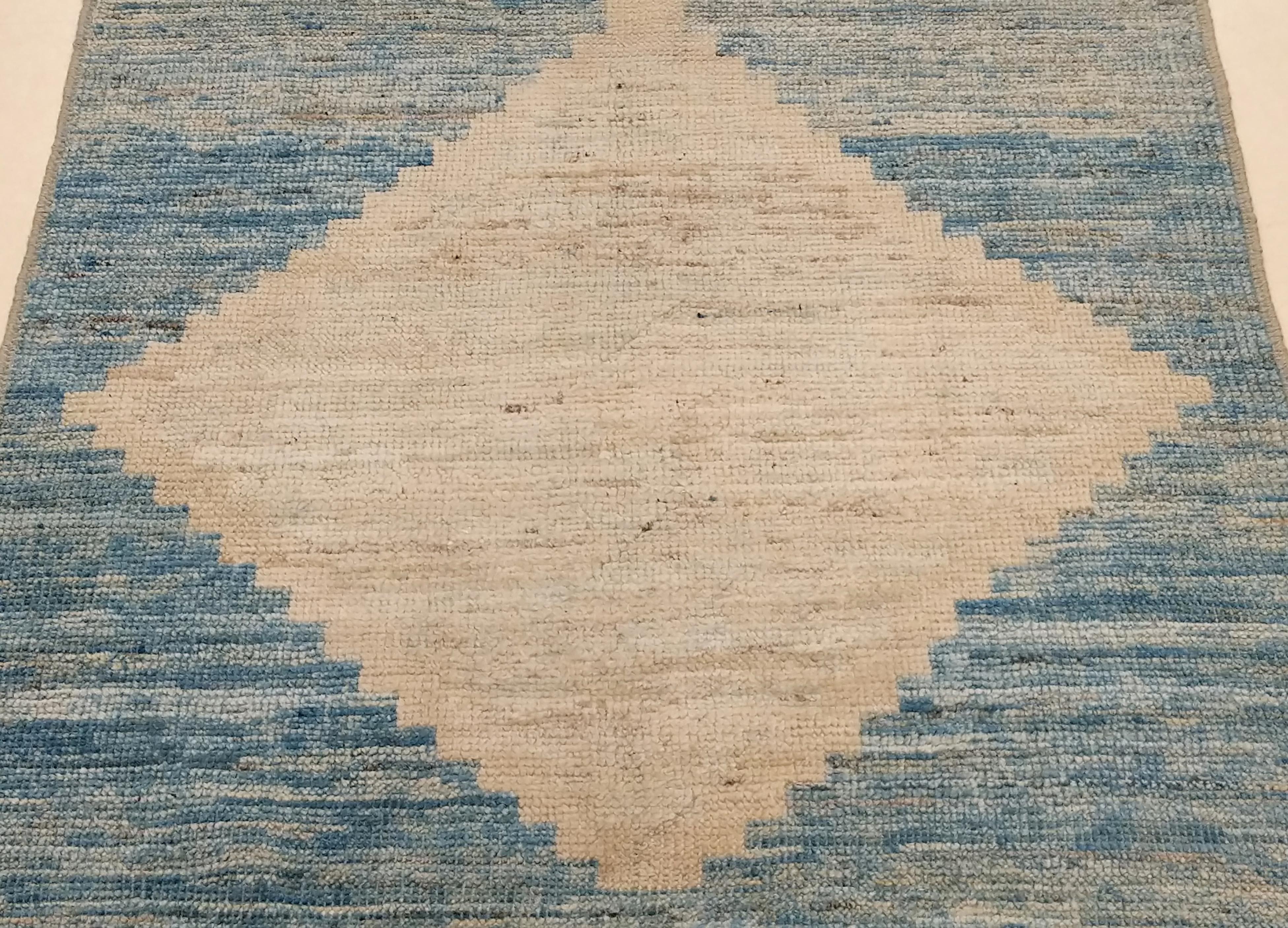 Wool Minimalist Geometric Design Ivory and Sky Blue Runner Rug