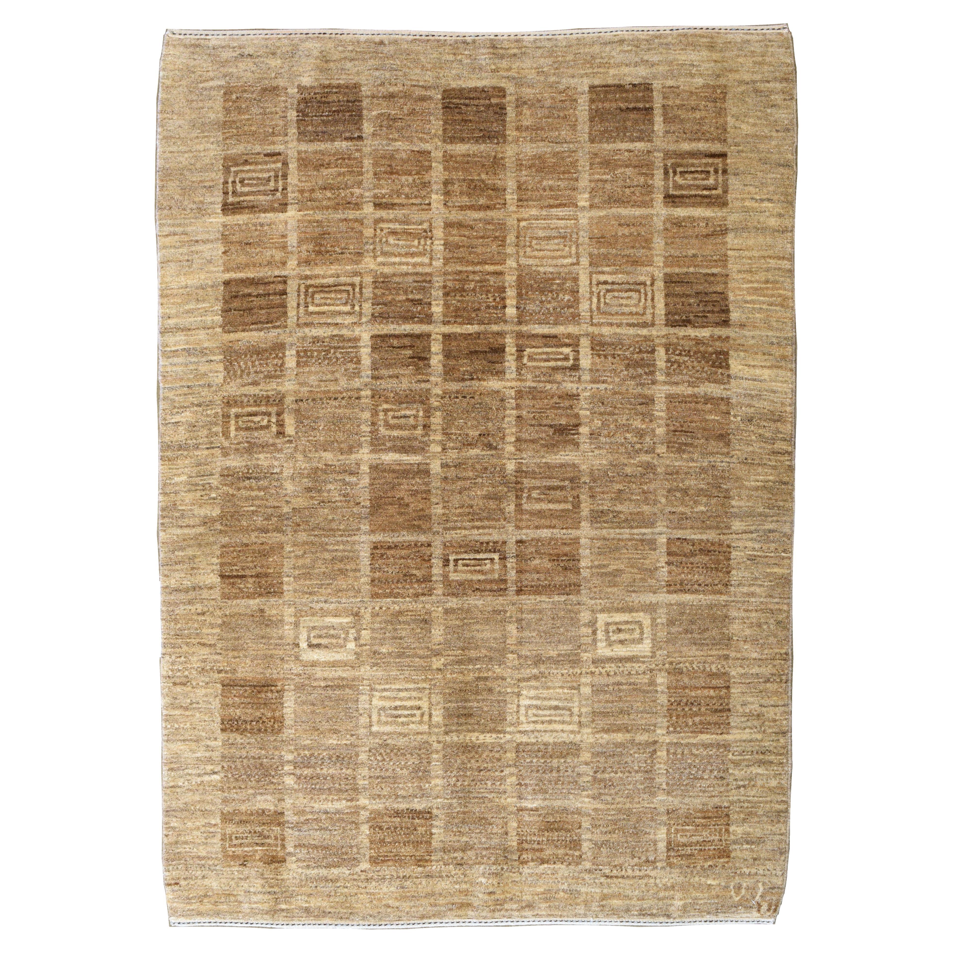 Minimalist Geometric Persian Wool Carpet in Earth Tones, 4
 x 6
, Hand-Knotted