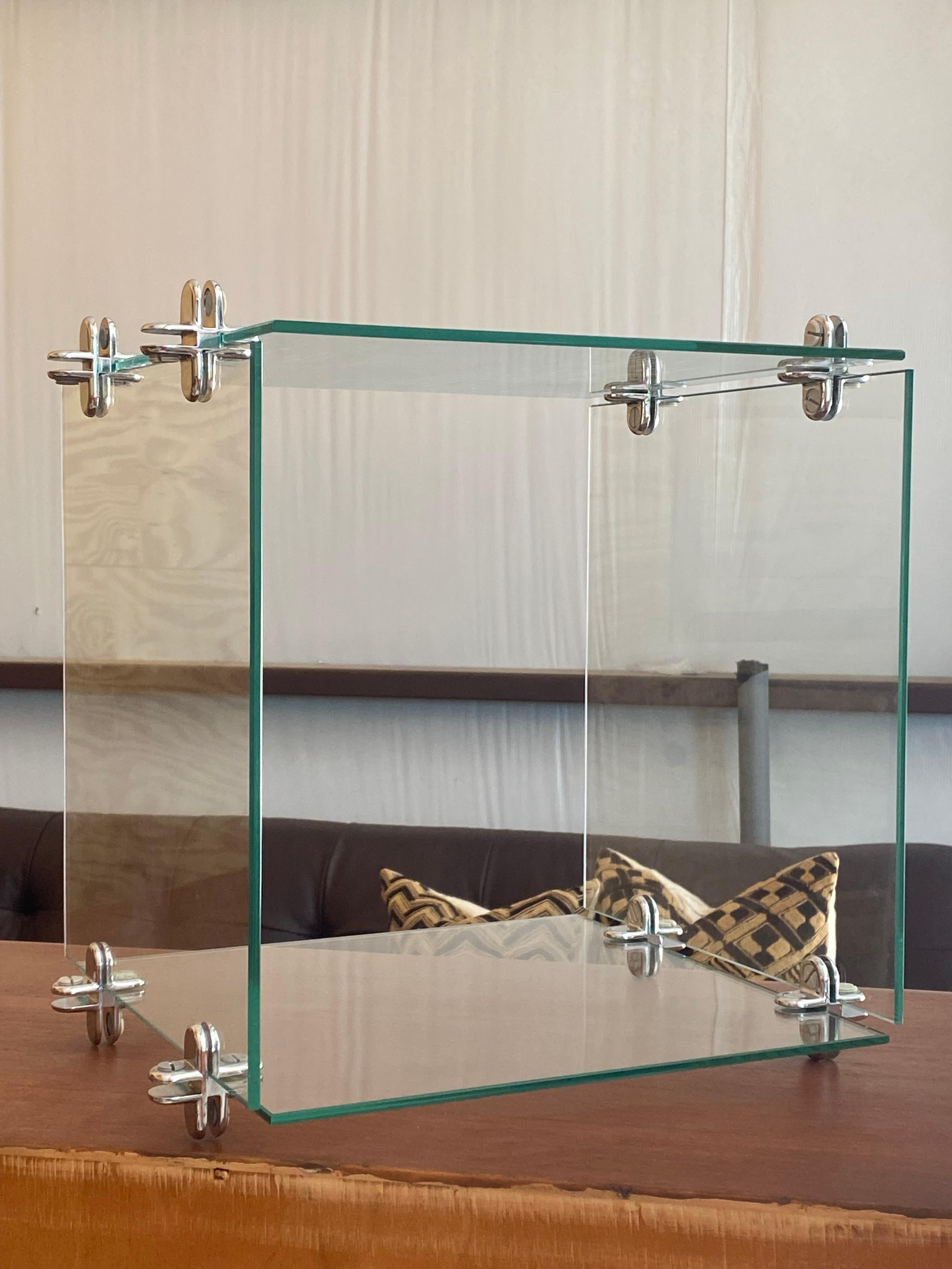 American Minimalist Glass + Chrome Display Cube For Sale