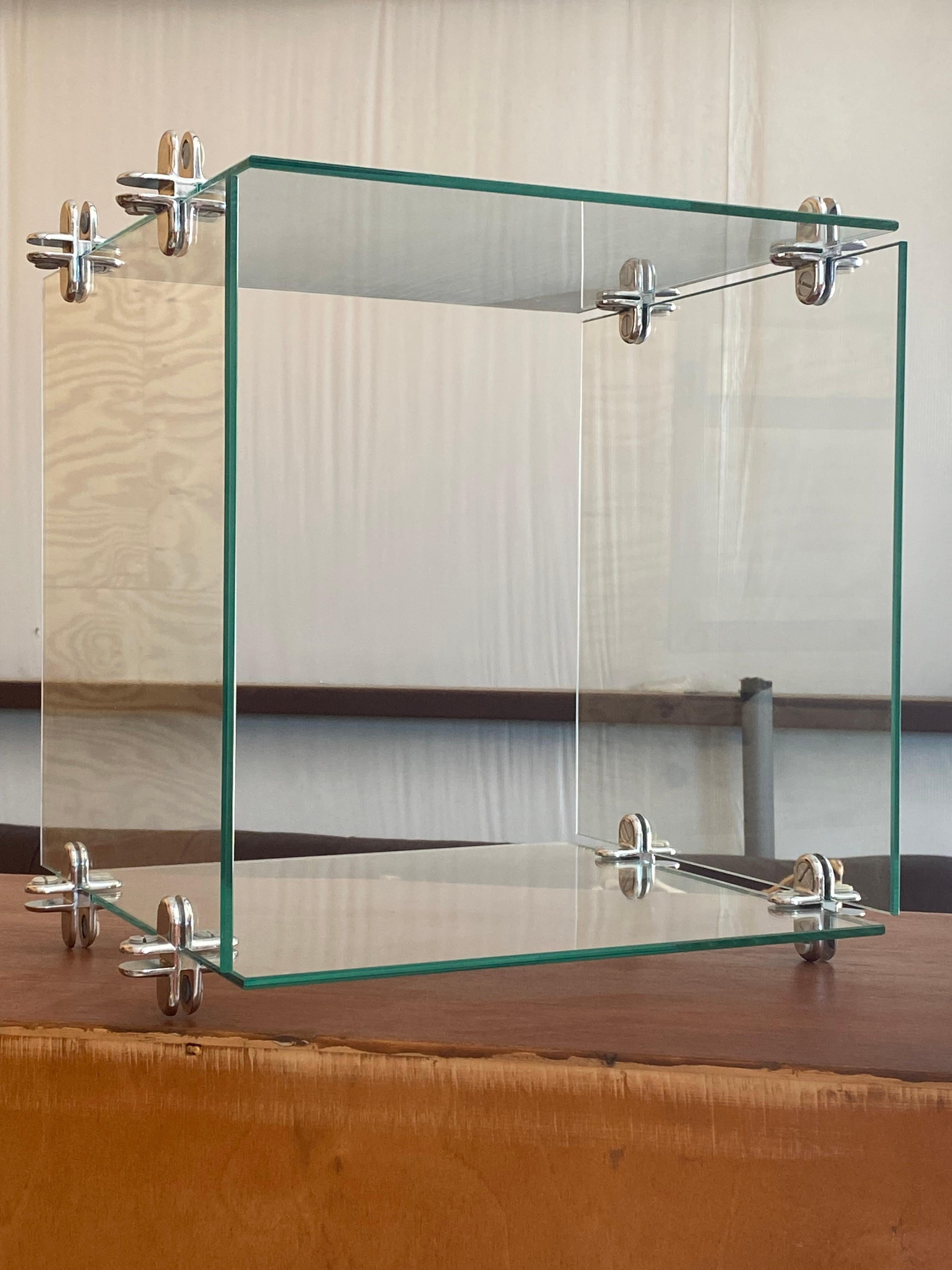 Hand-Crafted Minimalist Glass + Chrome Display Cube For Sale