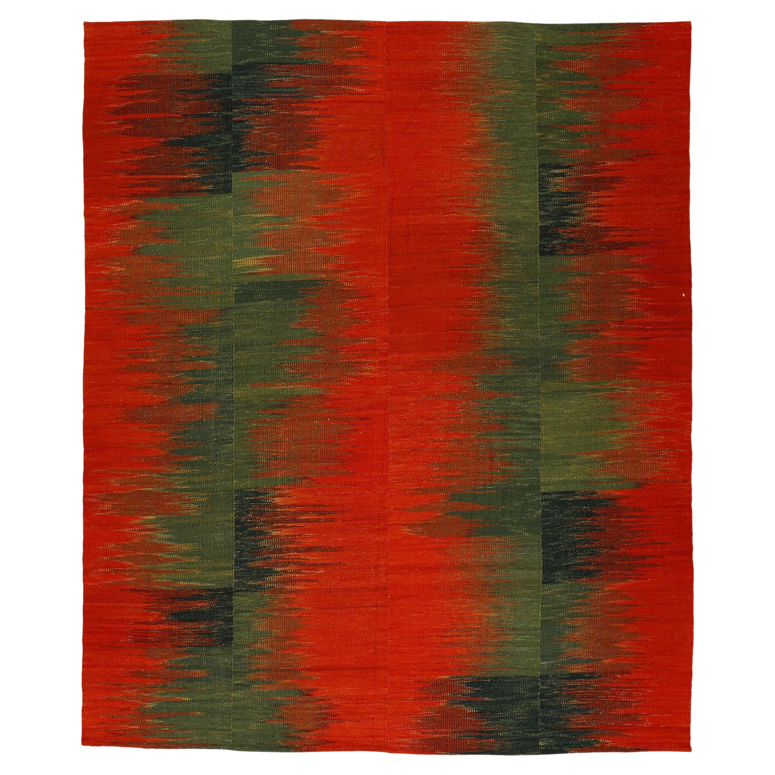 Minimalist Graphic Anatolian Kilim Rug with Red and Green Flame Pattern