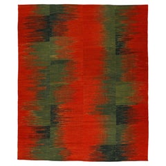 Minimalist Graphic Anatolian Kilim Rug with Red and Green Flame Pattern