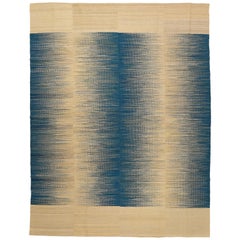 Minimalist Graphic Anatolian Kilim Rug with Teal Blue Flame Pattern