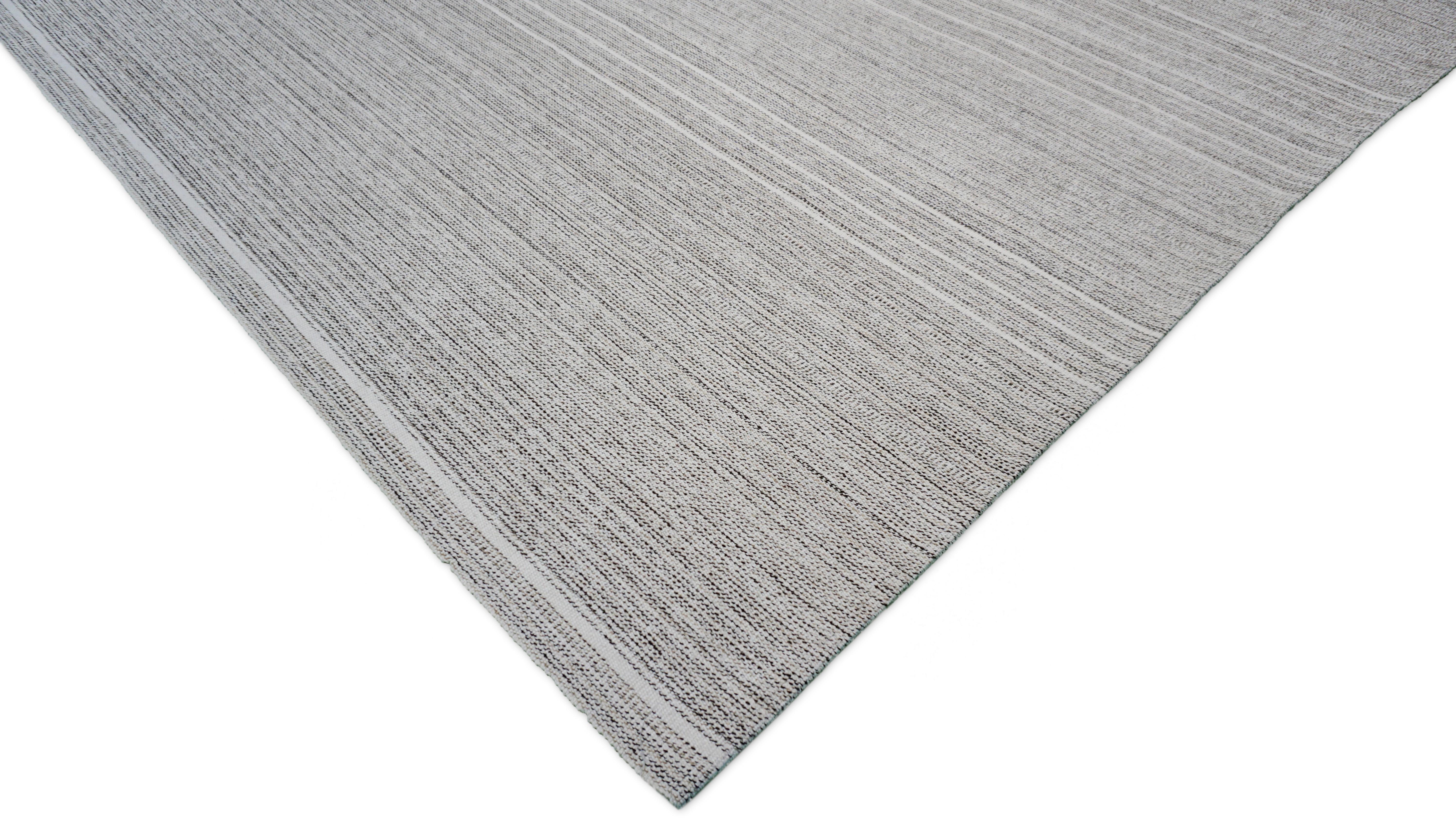 Minimalist Gray and Ivory Striated Wool Kilim 9'x12'2'' Circa 2020 For Sale 2