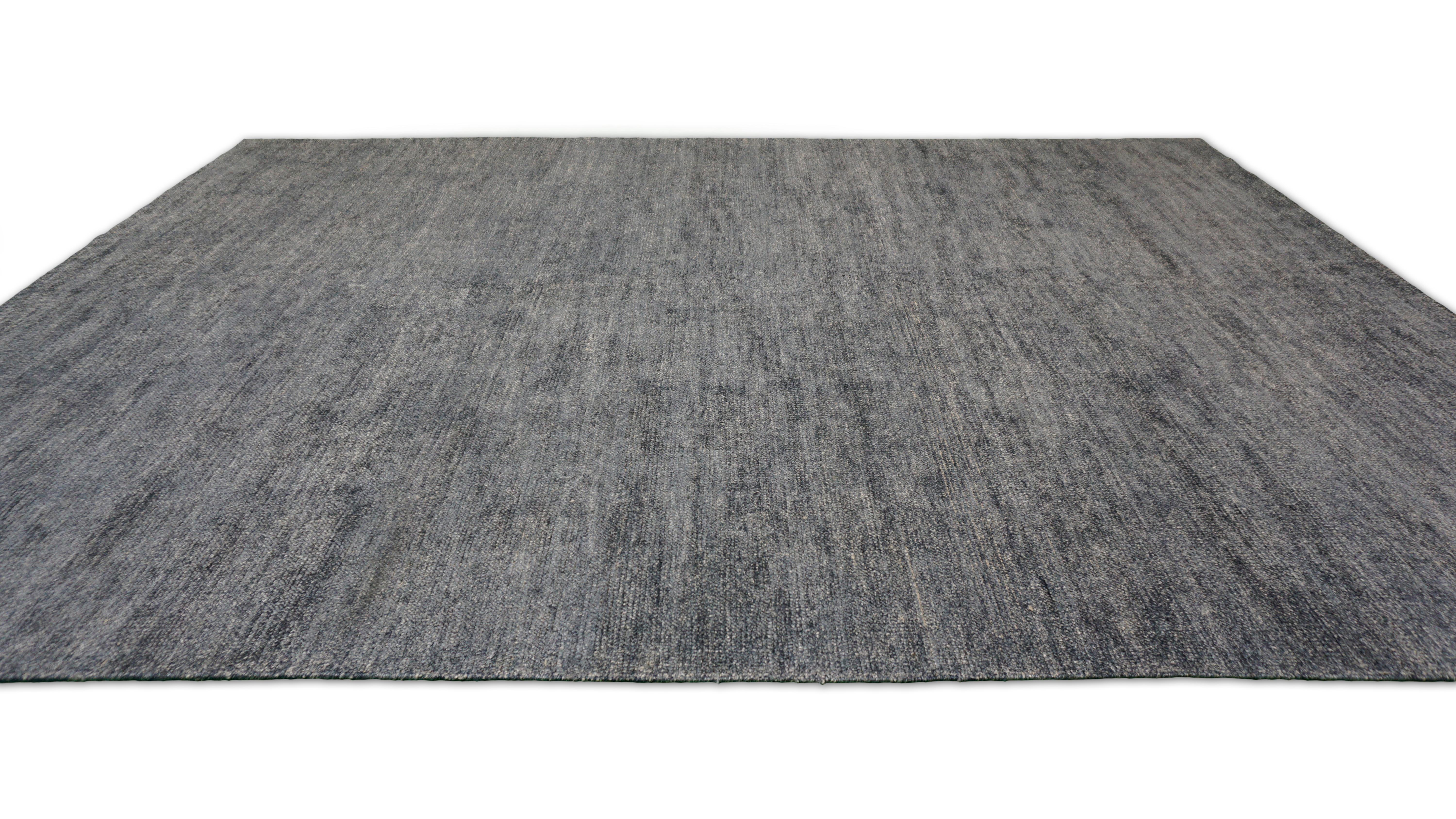 Minimalist Gray Blue Textured Hand-Knotted Wool Blend Rug 8'6''x11'6'' For Sale 4