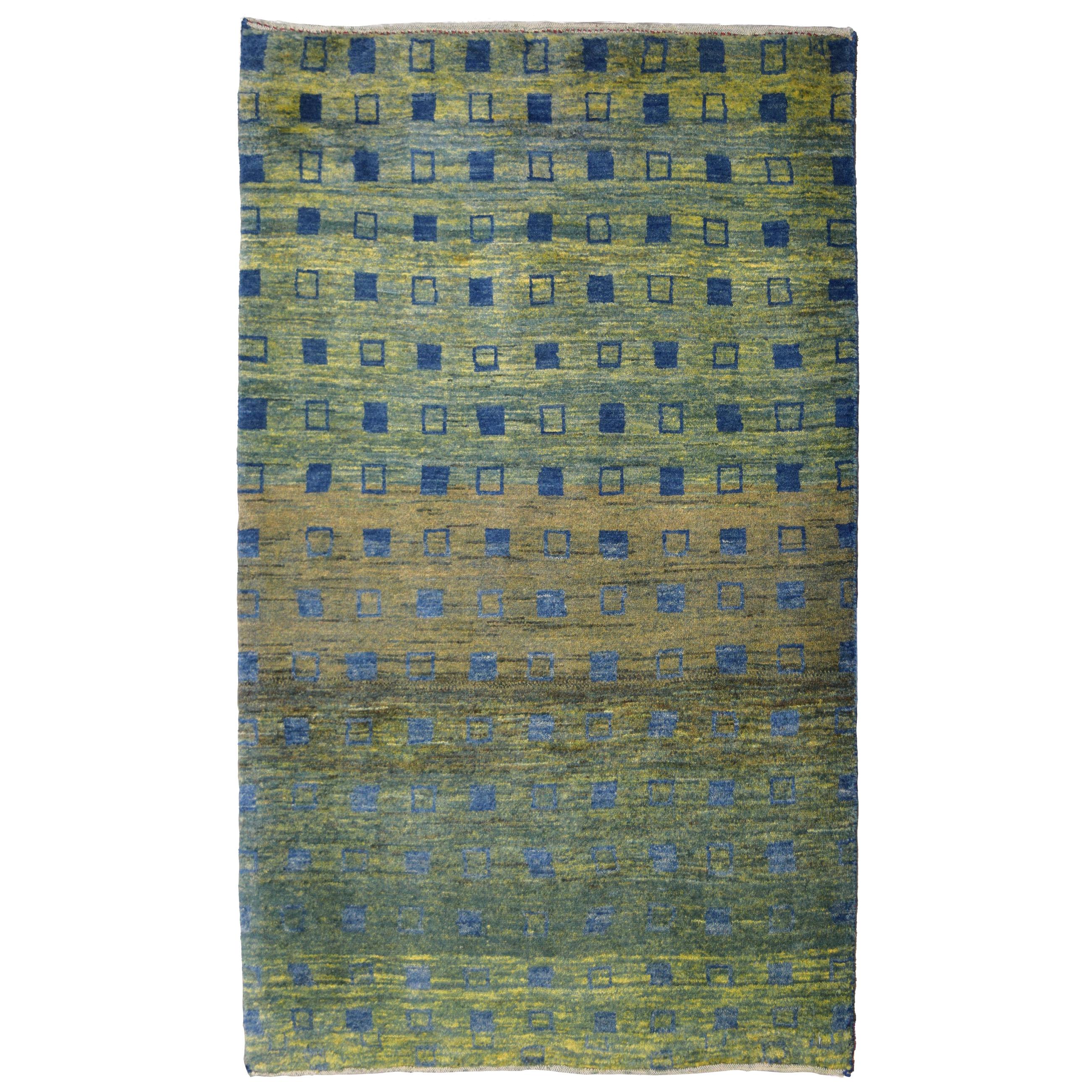 Minimalist Green and Indigo Persian Kashkooli Wool Carpet