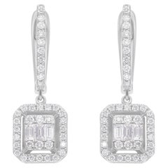 Boucles d'oreilles minimaliste Halo 0.68ct Diamond Cluster Square Drop Ears Gift 18k White Gold