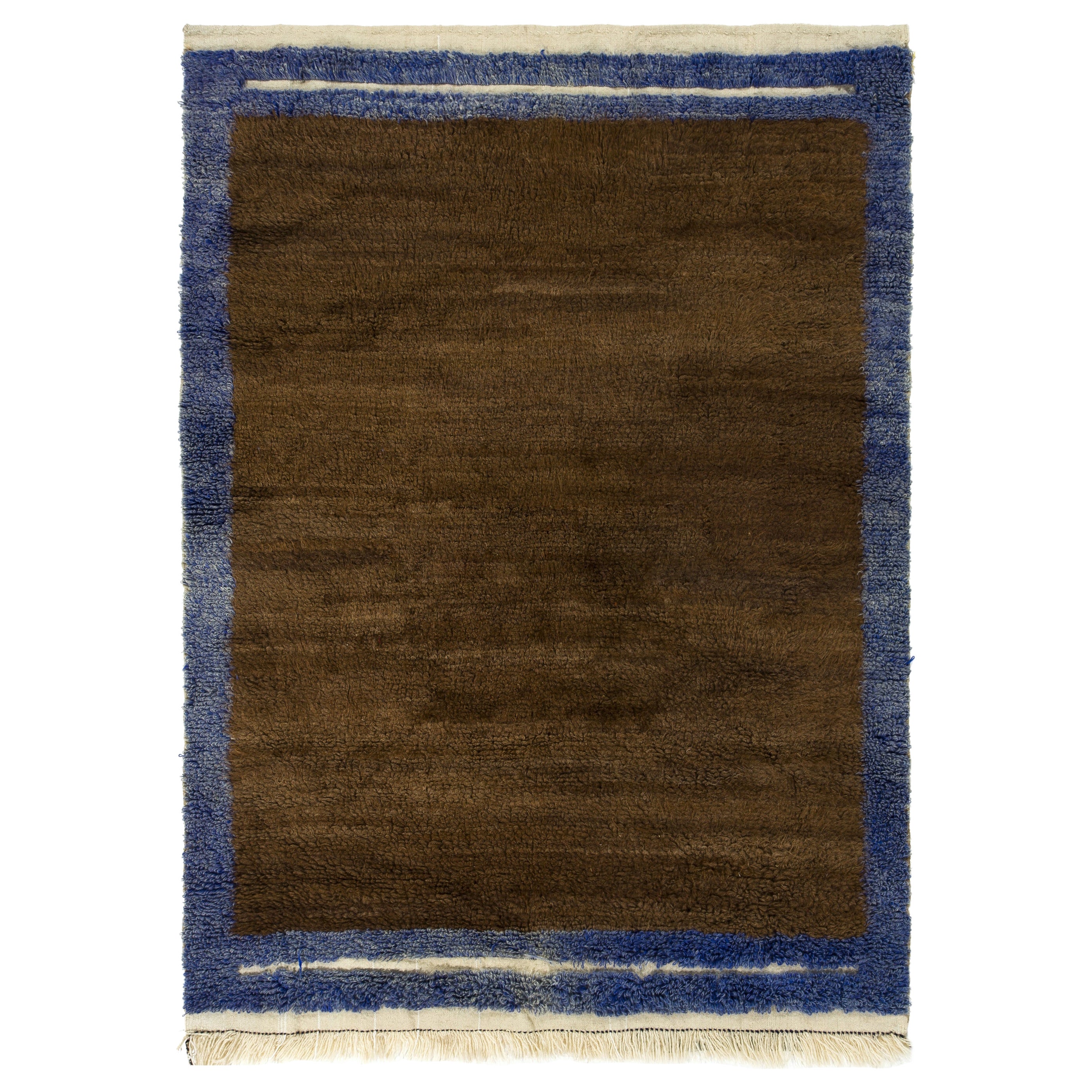 Minimalist Hand-knotted Tulu Rug with Brown Field and Blue Border. 100% Wool
