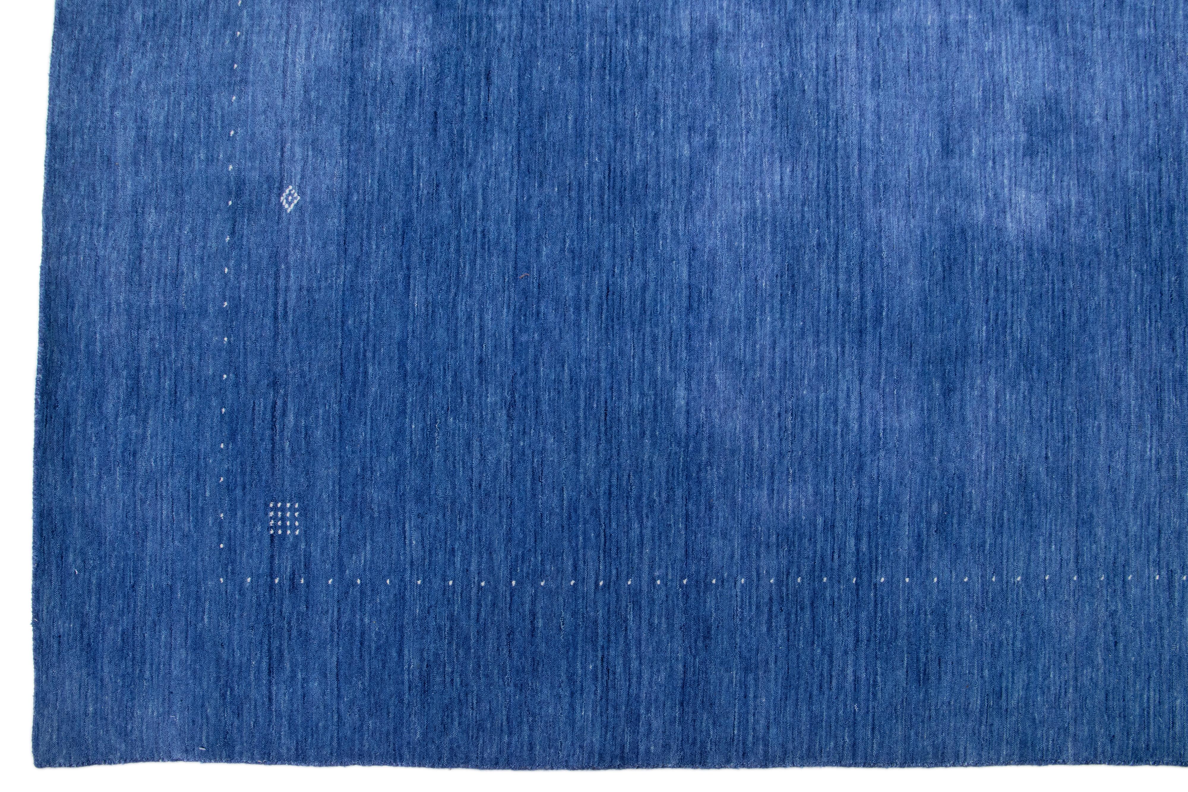 Indian Minimalist Handmade Modern Persian Gabbeh Wool Rug In Navy Blue For Sale