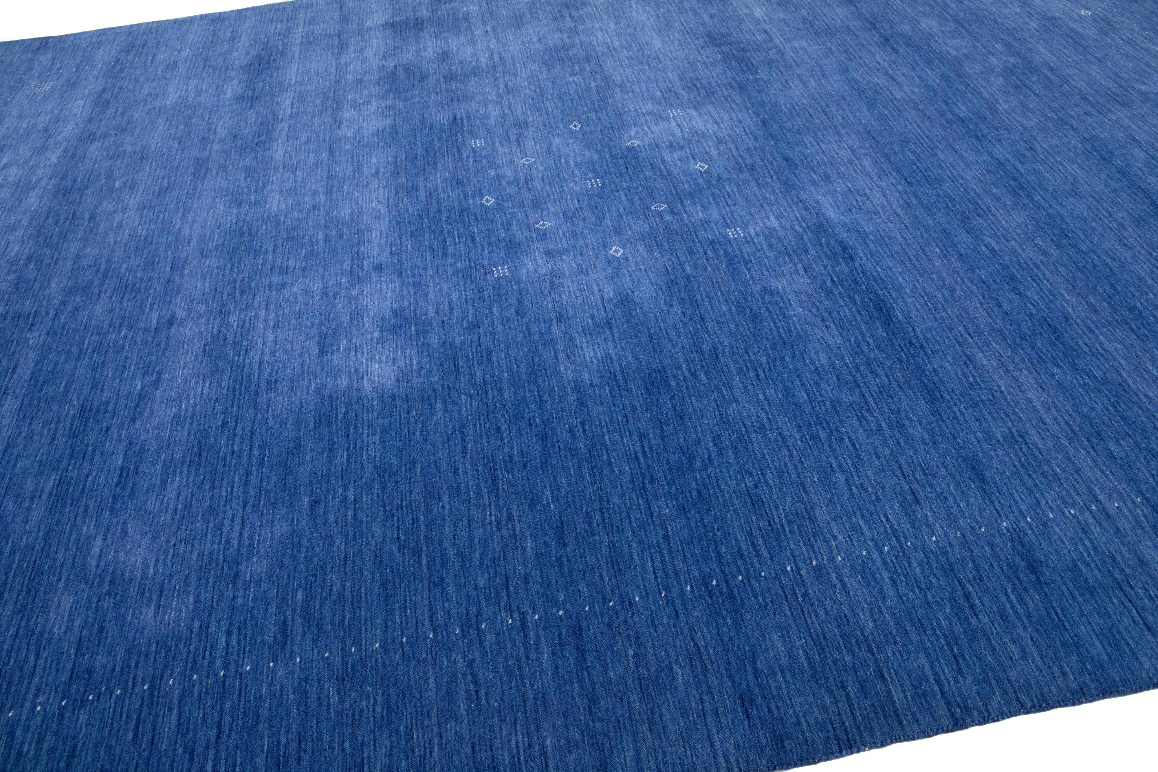 Hand-Woven Minimalist Handmade Modern Persian Gabbeh Wool Rug In Navy Blue For Sale