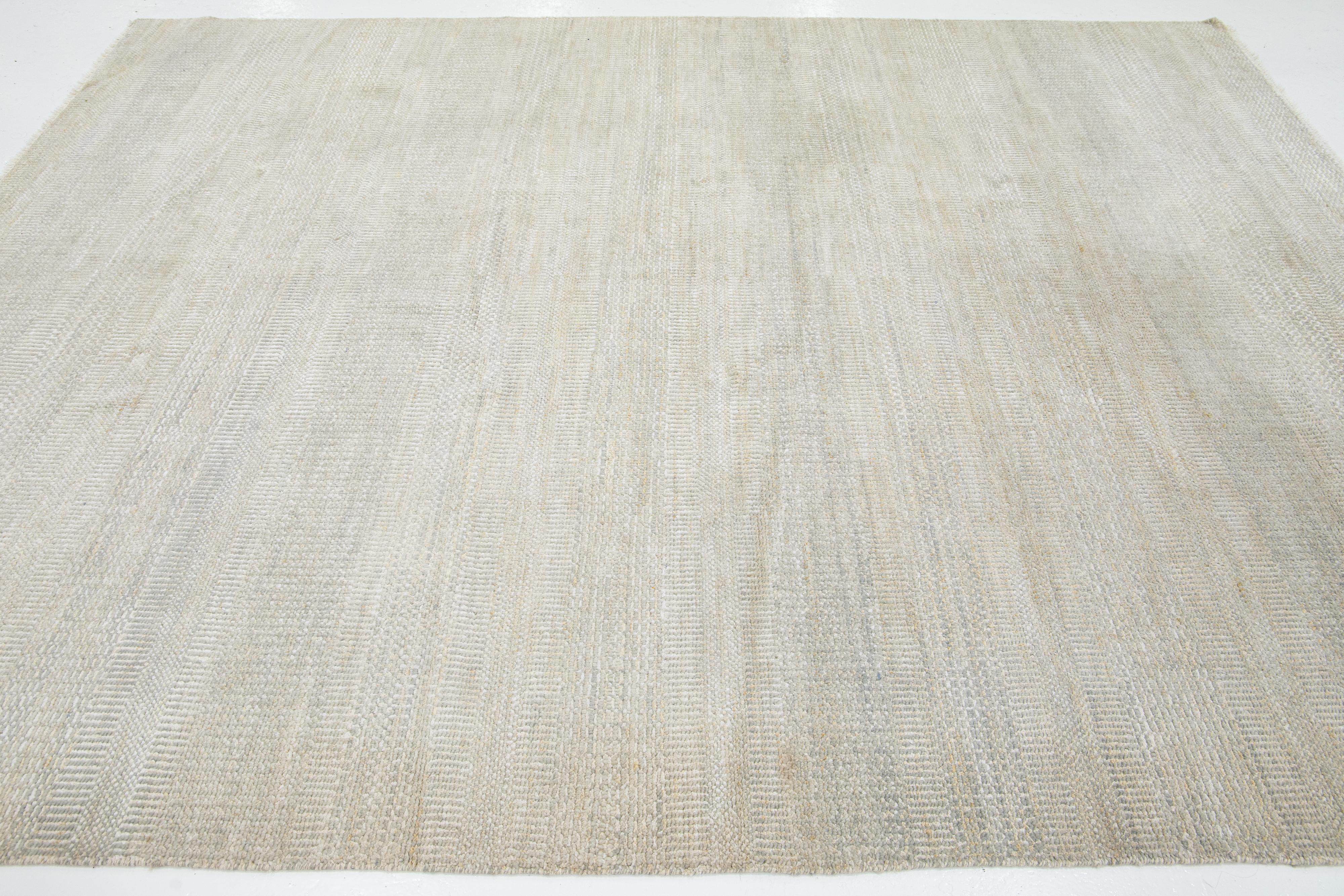 Modern Minimalist Handmade Room Size Wool Rug In Beige and Gray For Sale